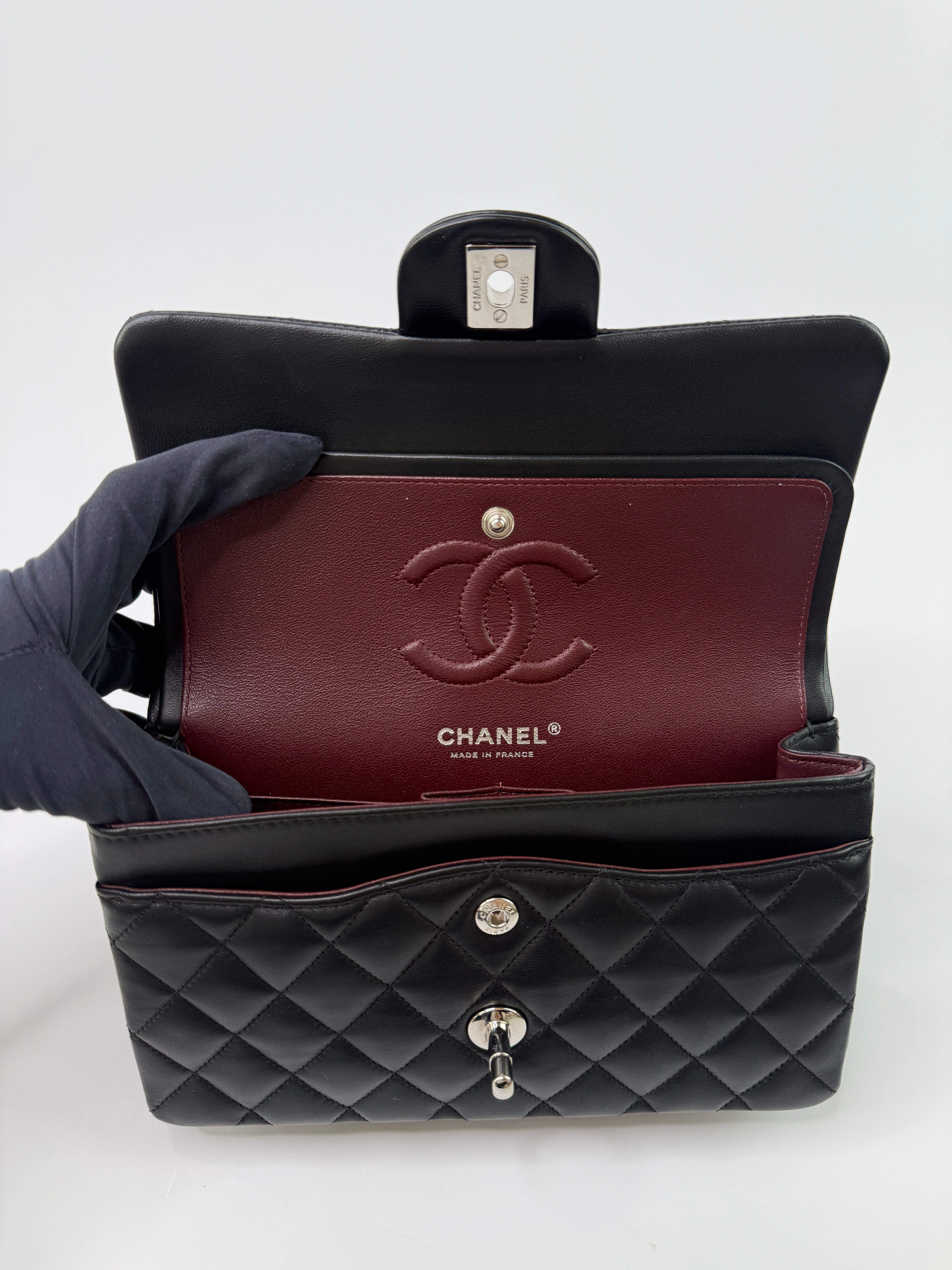 Chanel Small Classic Double Flap In Black Lambskin Leather With Silver Hardware
Pre Loved & Authentic