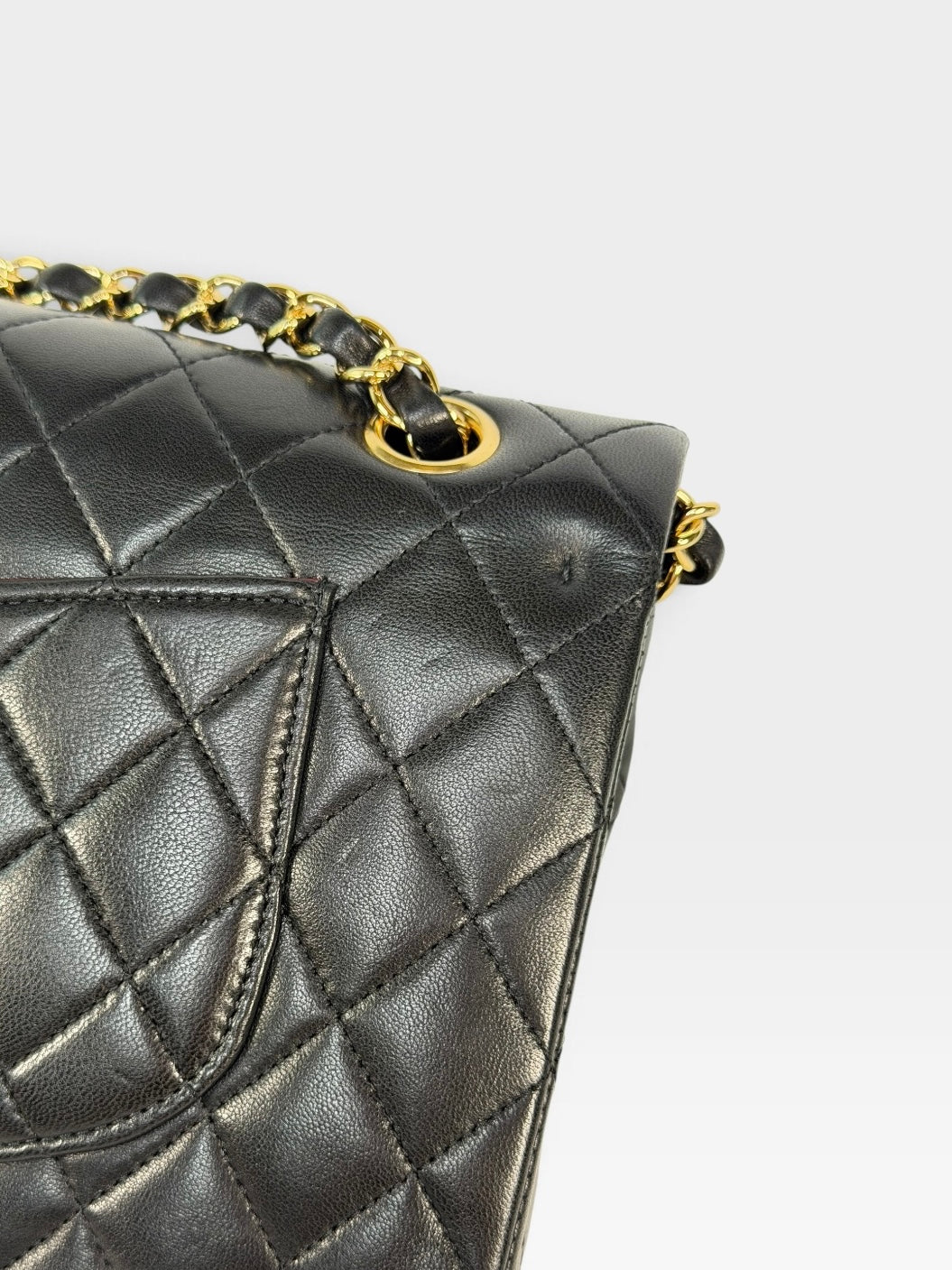 Chanel Medium Classic Double Flap In Black Lambskin Leather With Gold Hardware. 100% authentic and preloved in excellent condition