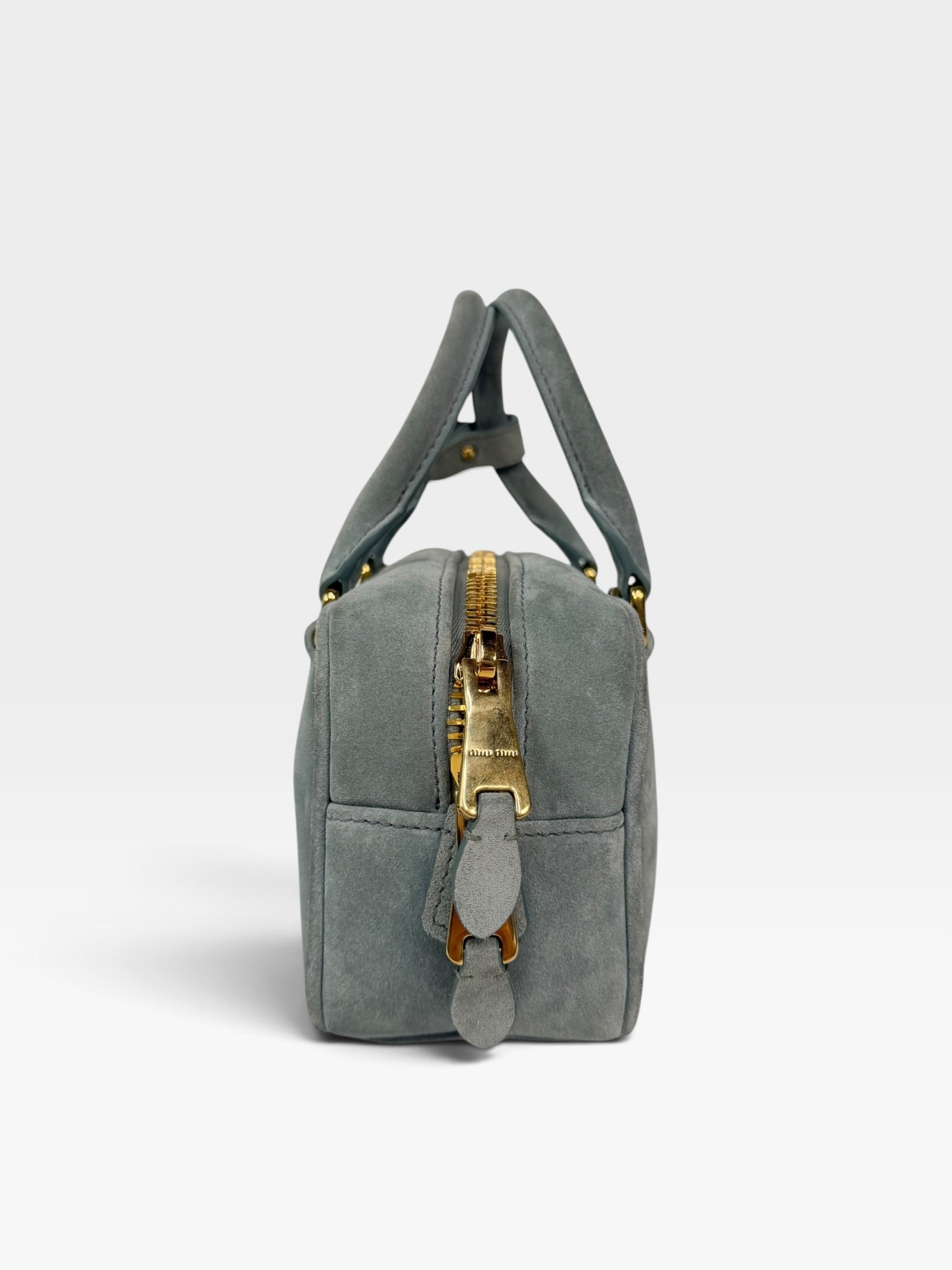 Miu Miu Arcadie Padded Top Handle In Powder Blue Suede Gold Hardware. 100% authentic and preloved in new & unused condition.