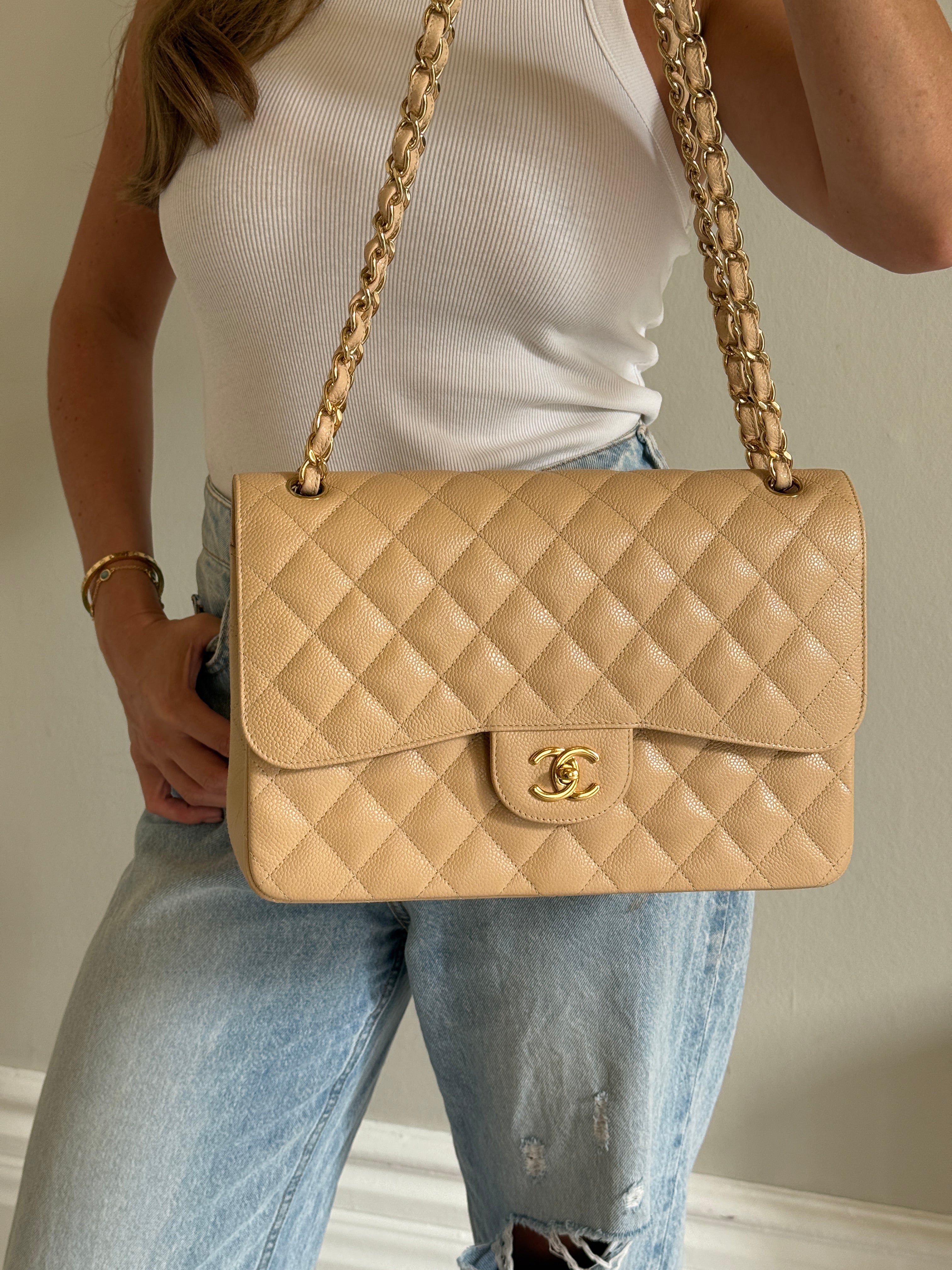 Chanel Jumbo Classic Double Flap In Beige Caviar Leather with GHW