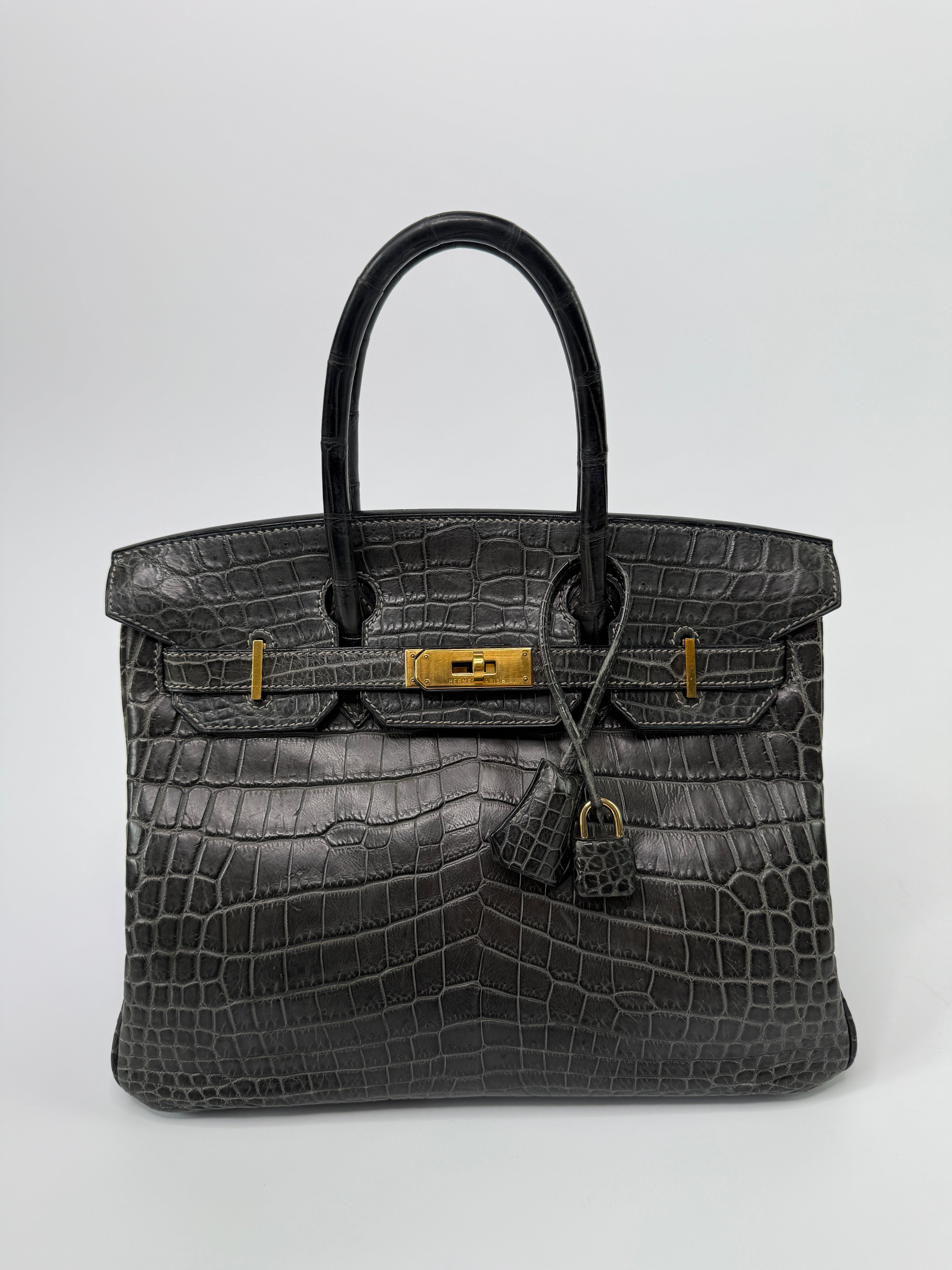 Authentic Pre Loved Hermès Birkin 30 In Matte Graphite Crocodile With Gold Hardware Excellent Condition