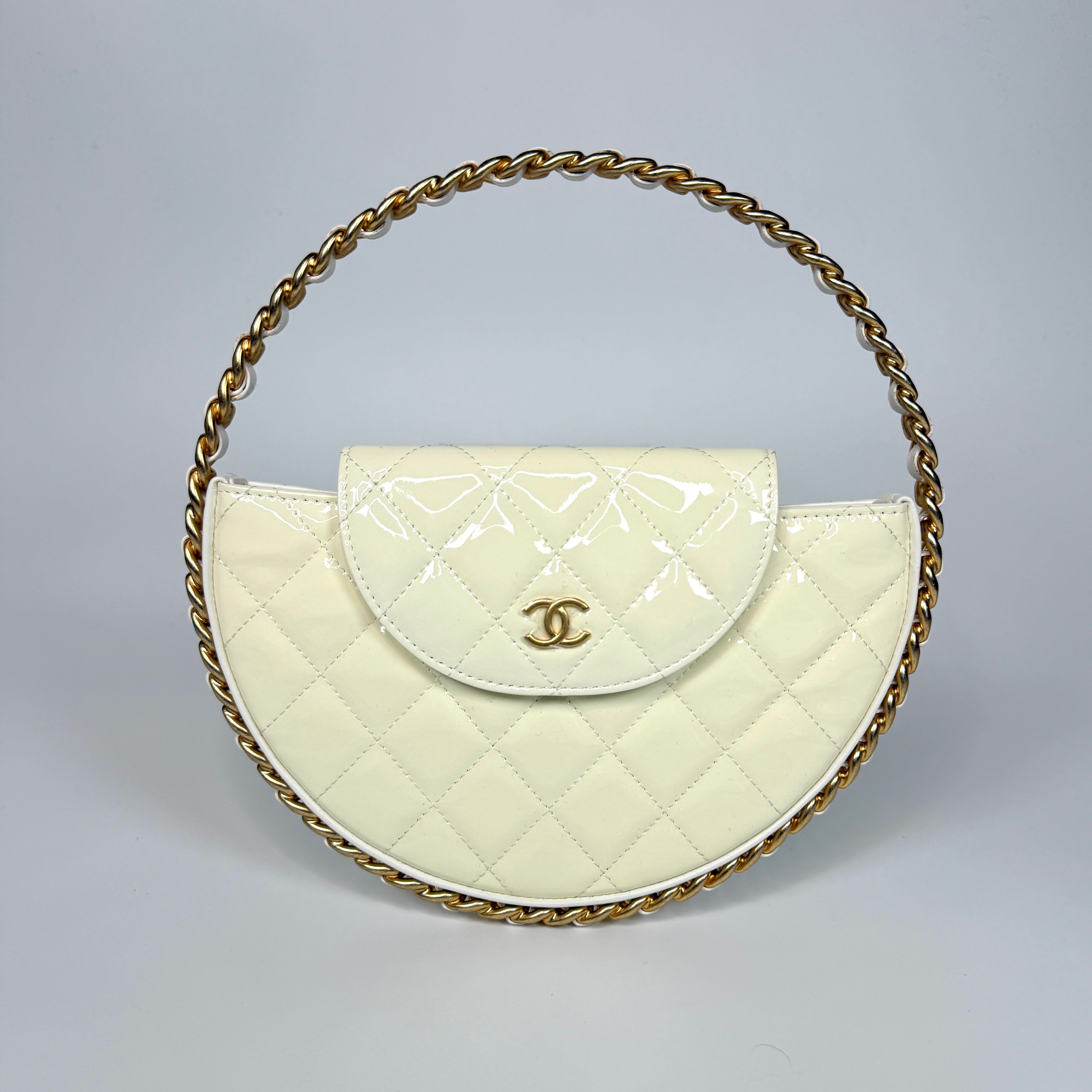 Authentic and preloved Chanel White Quilted Patent Leather Chain Around Hoop Bag In Excellent condition. 100% Authenticity Guarantee