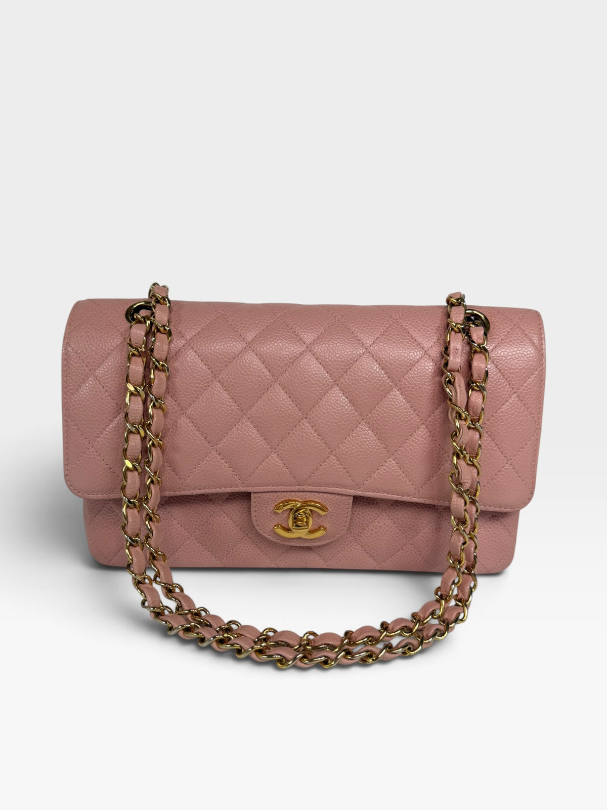 *RARE* Chanel Vintage Medium Classic Double Flap In Pink Caviar Leather With 24Kt Gold Hardware, authentic and preloved in overall excellent condition 100% guarantee.