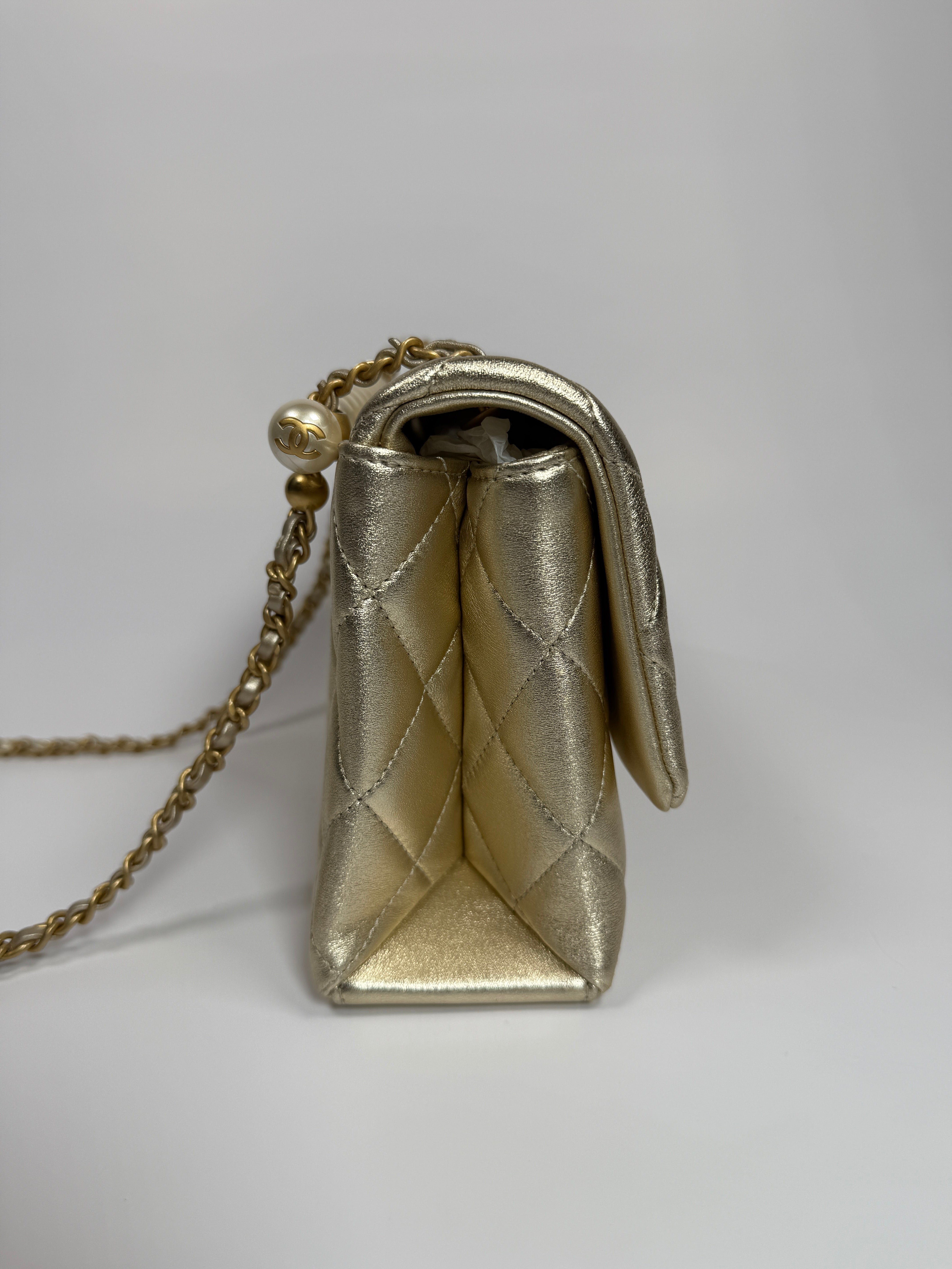 Chanel Mini Pearl Top Handle Flap Bag Metallic Gold Lambskin With GHW