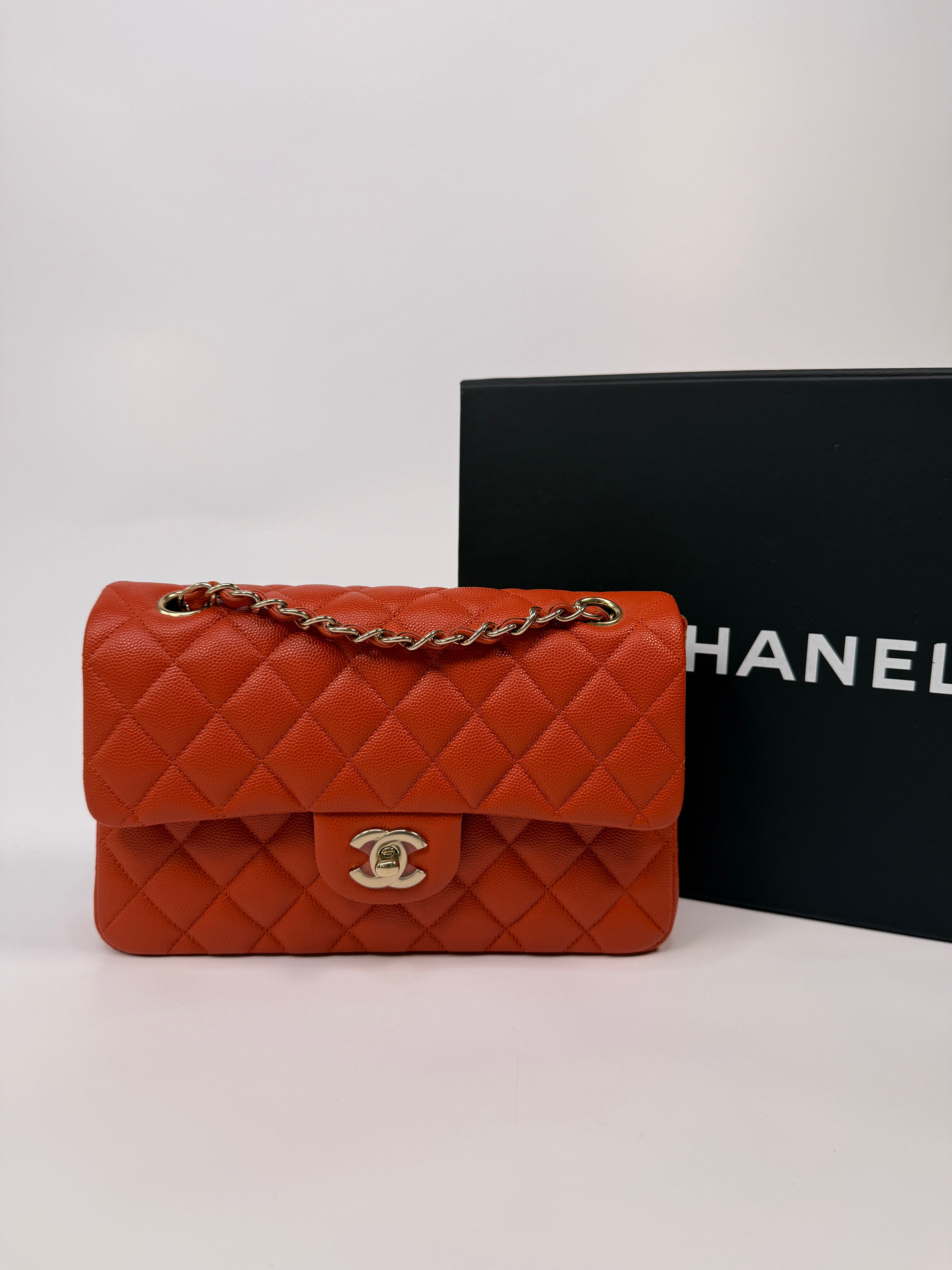 Chanel Small Classic Double Flap In Orange/Red Caviar Leather With PGHW