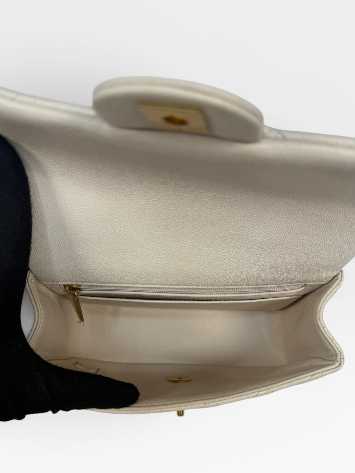 Chanel Mini Rectangle Top Handle In Cream Caviar Leather With Aged Gold Hardware. 100% authentic and preloved in excellent condition.