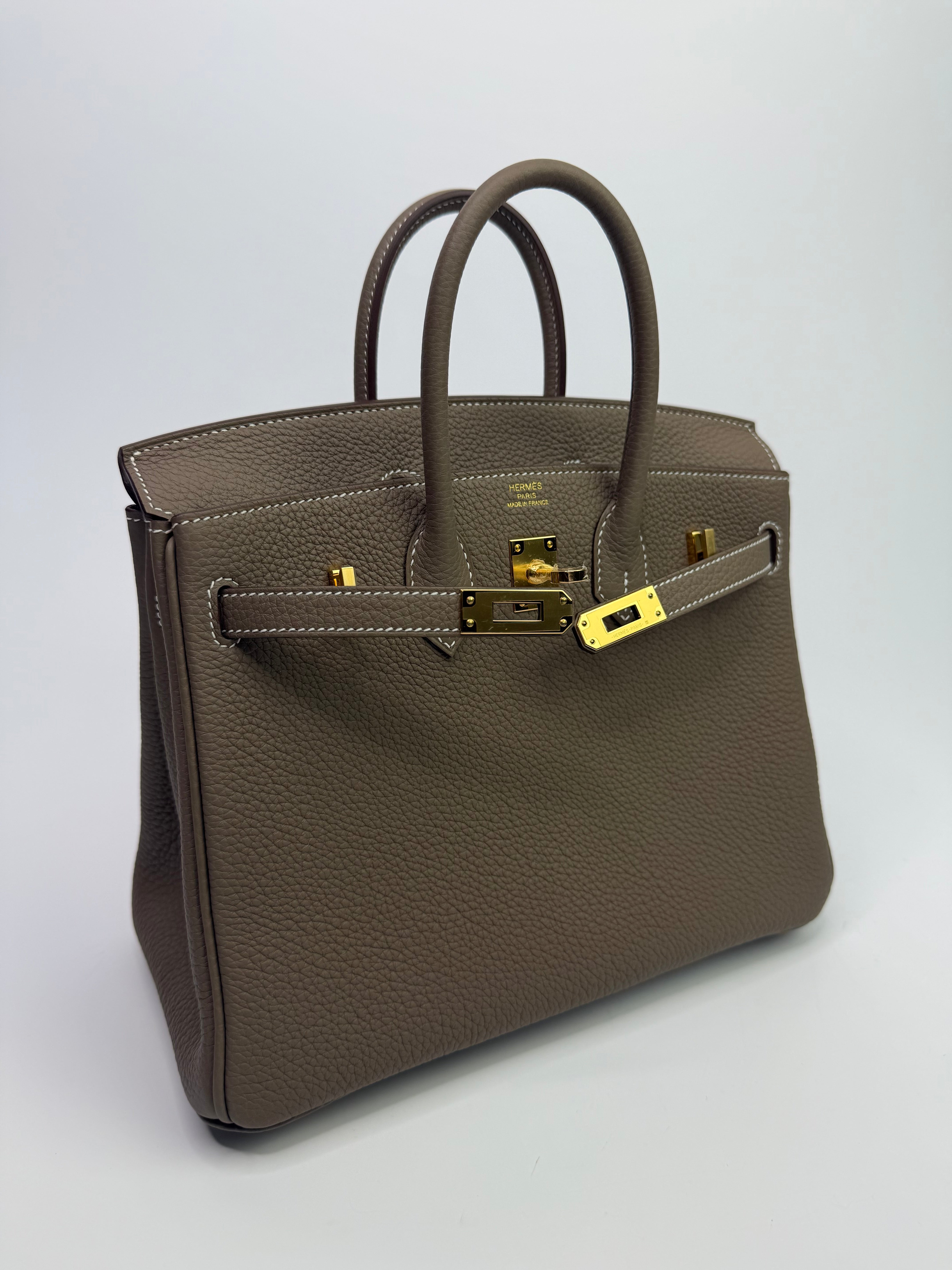 Authentic Pre Loved Hermès Birkin 25 Retourne Etoupe Togo Leather With Gold Hardware New & Unused Condition