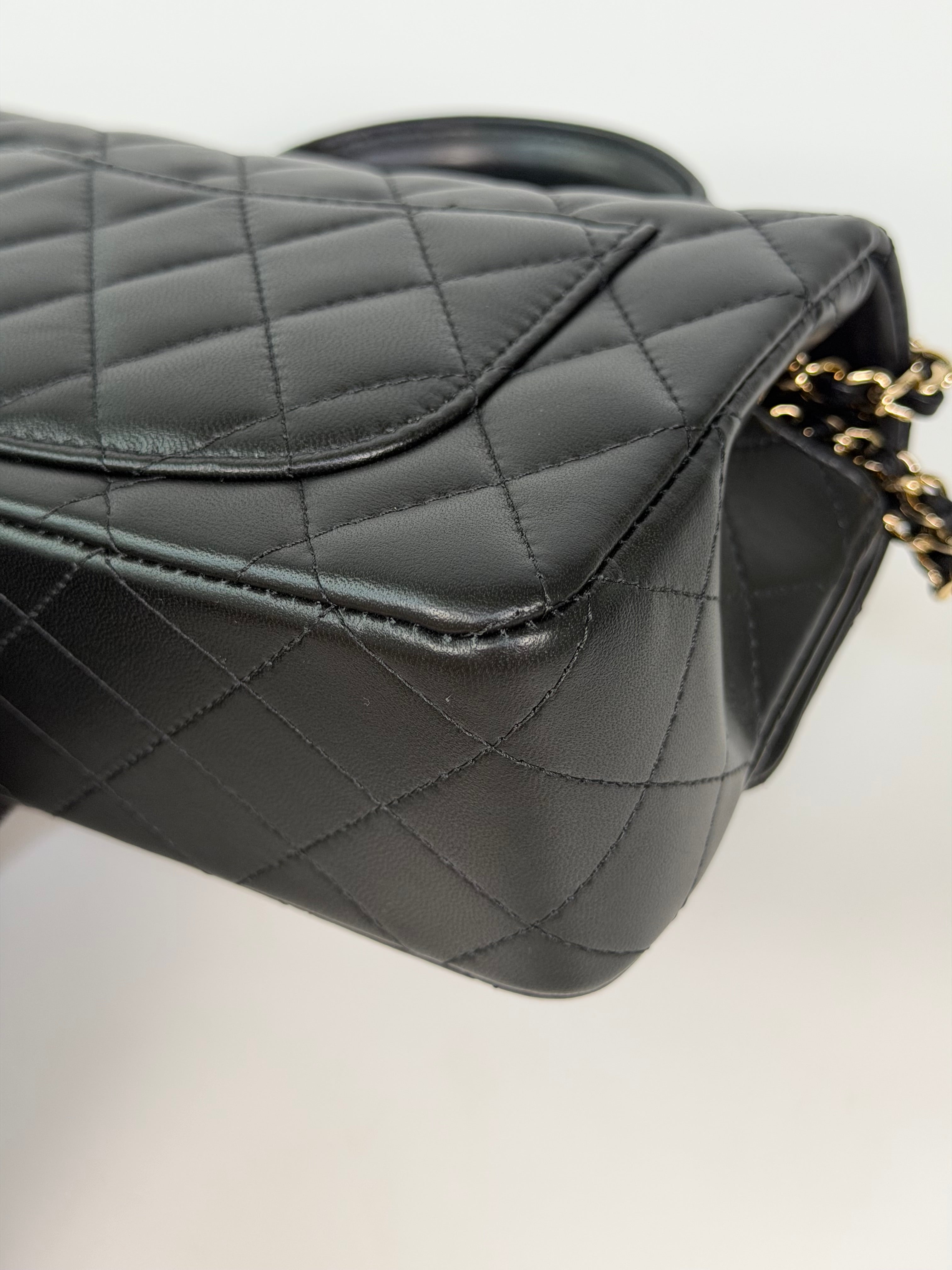 Chanel Mini Rectangle Top Handle In Black Lambskin Leather With Pale Gold Hardware