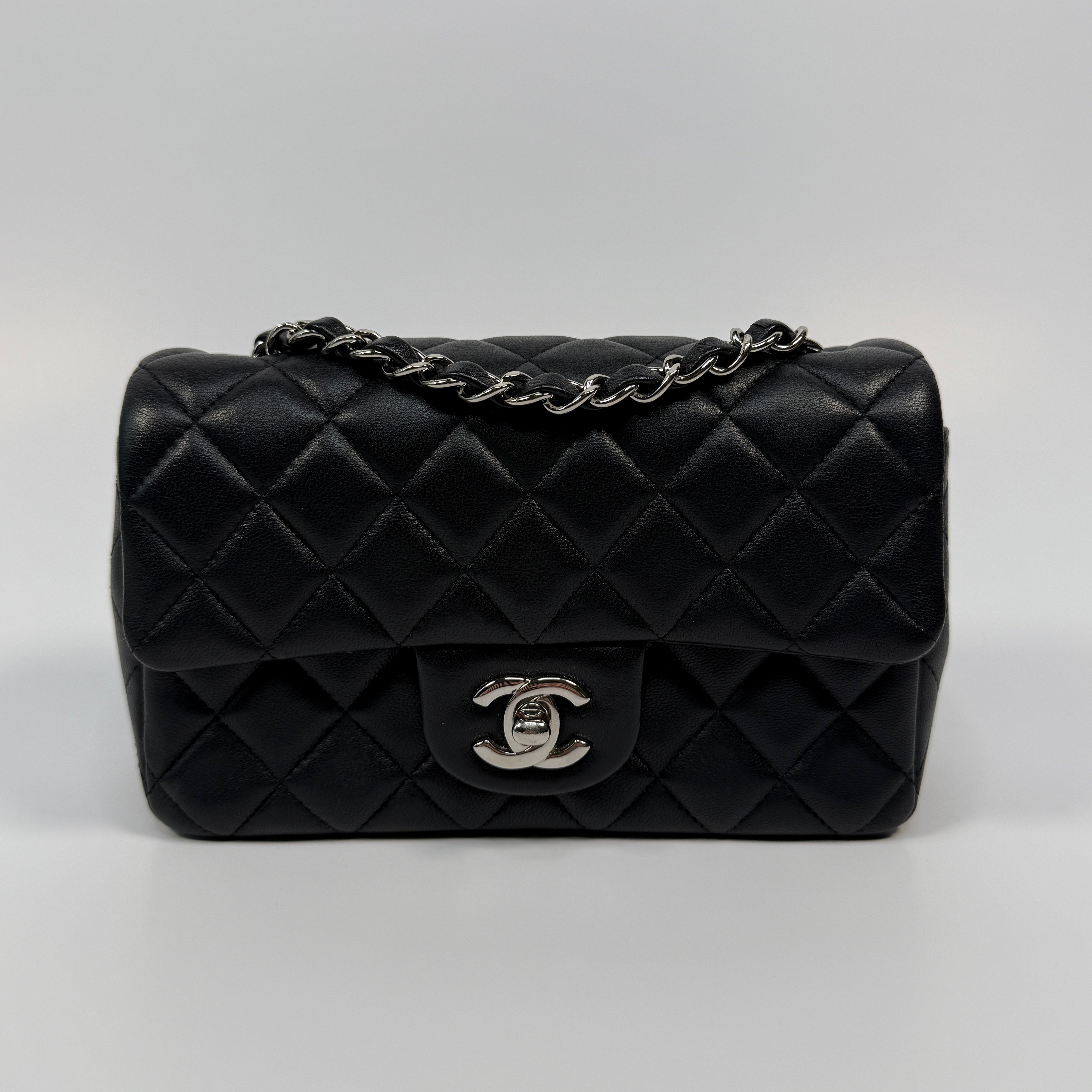 Chanel Mini Rectangle In Black Lambskin Silver hardware, authentic and preloved in very good condition