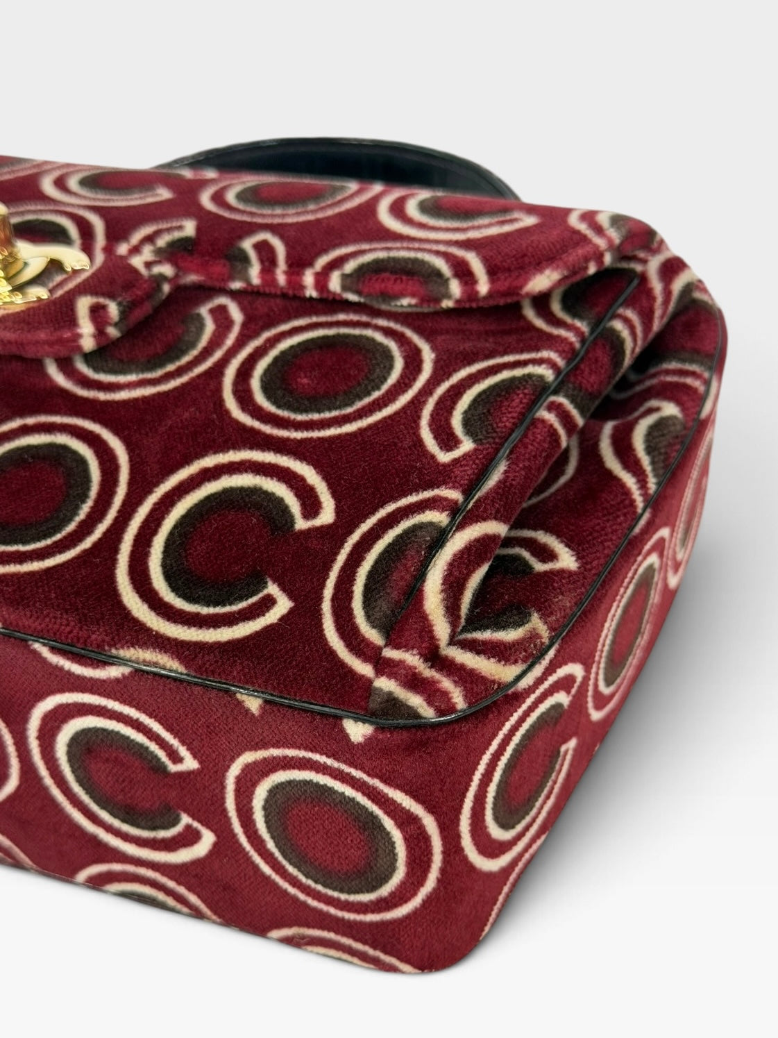 Chanel Coco Print Velvet Top Handle Flap In Burgundy With Gold Hardware