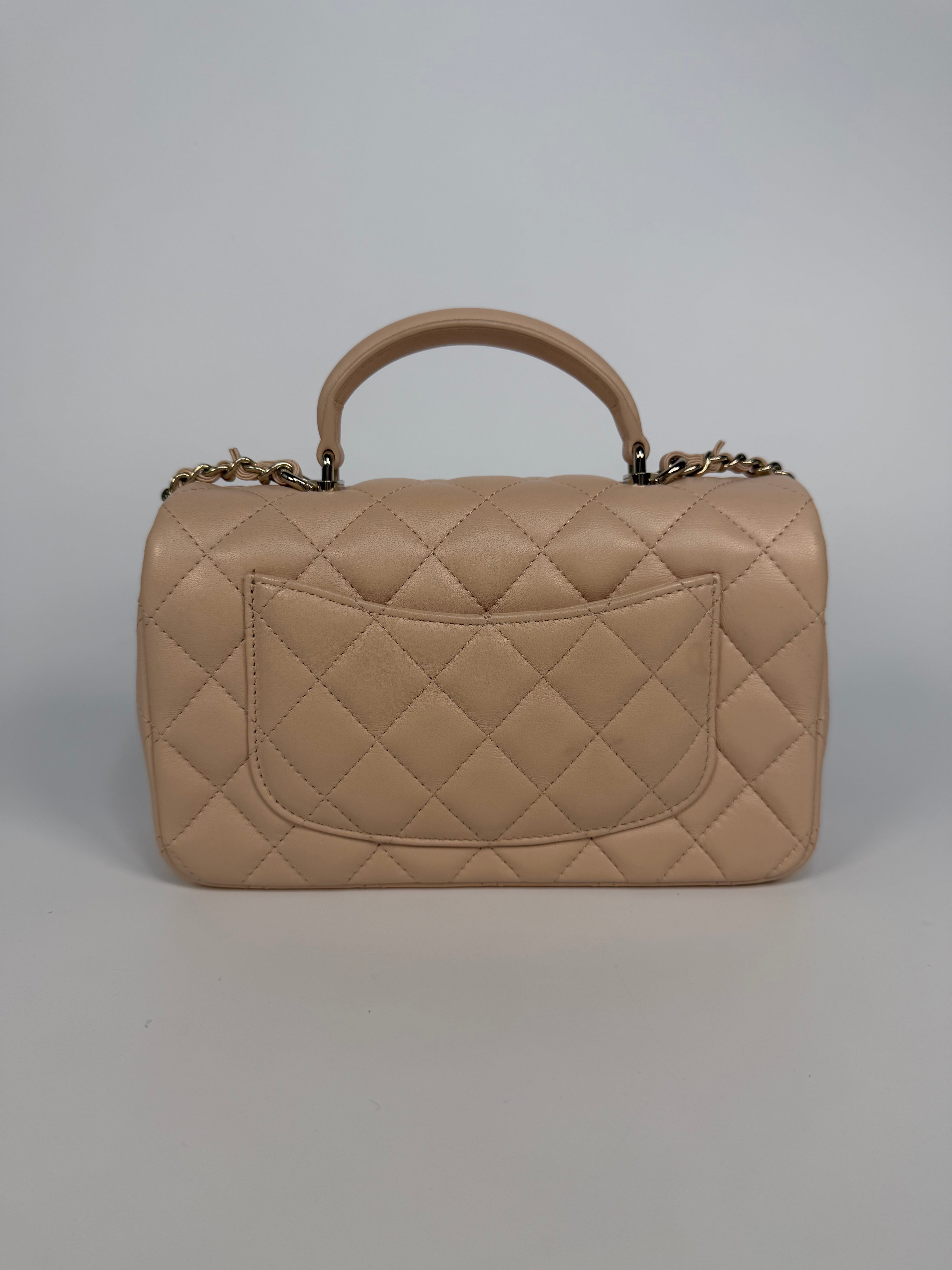 Chanel Mini Rectangle Top Handle In Light Beige Lambskin Leather With Gold Hardware