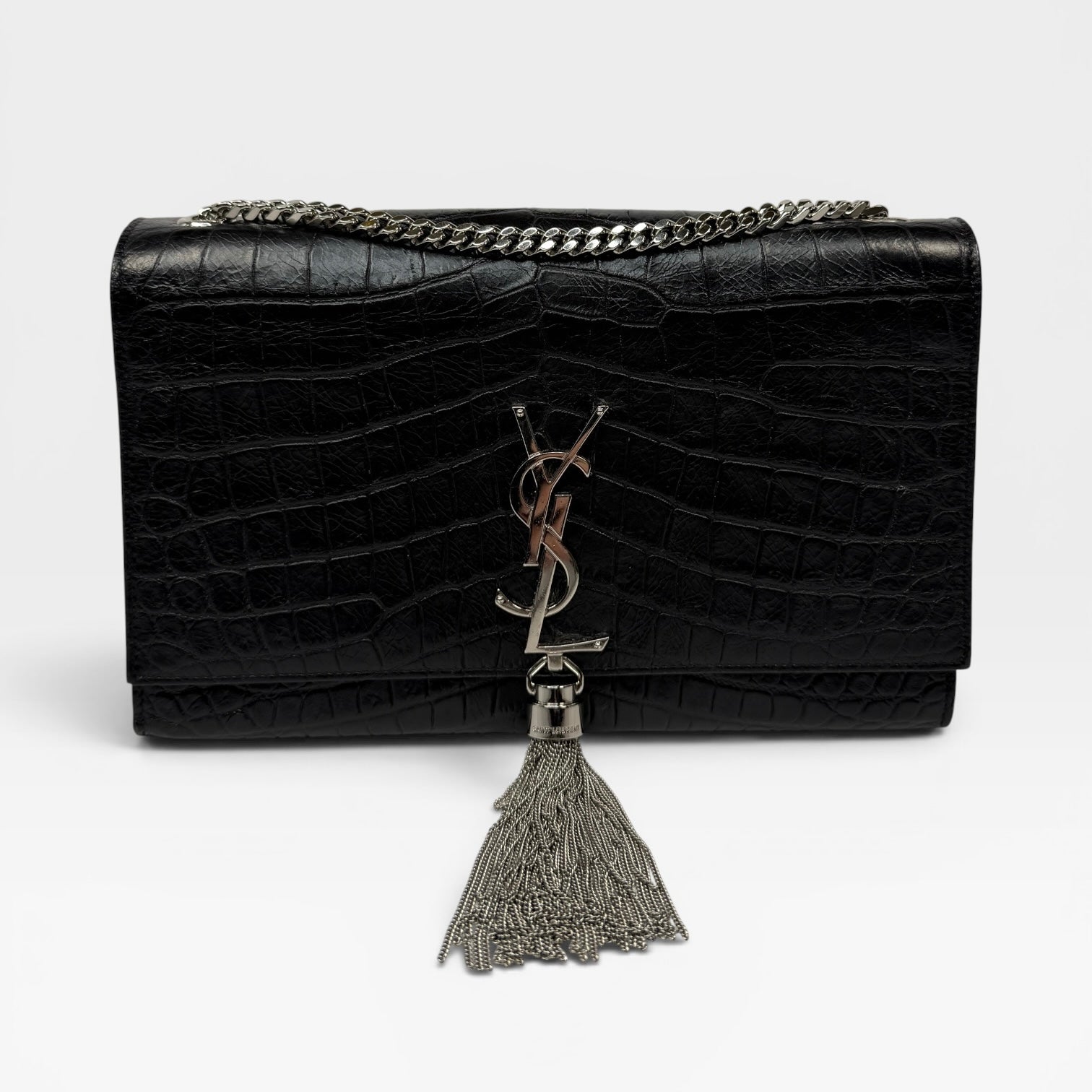 Saint Laurent Black Croc Embossed Kate Tassel Bag