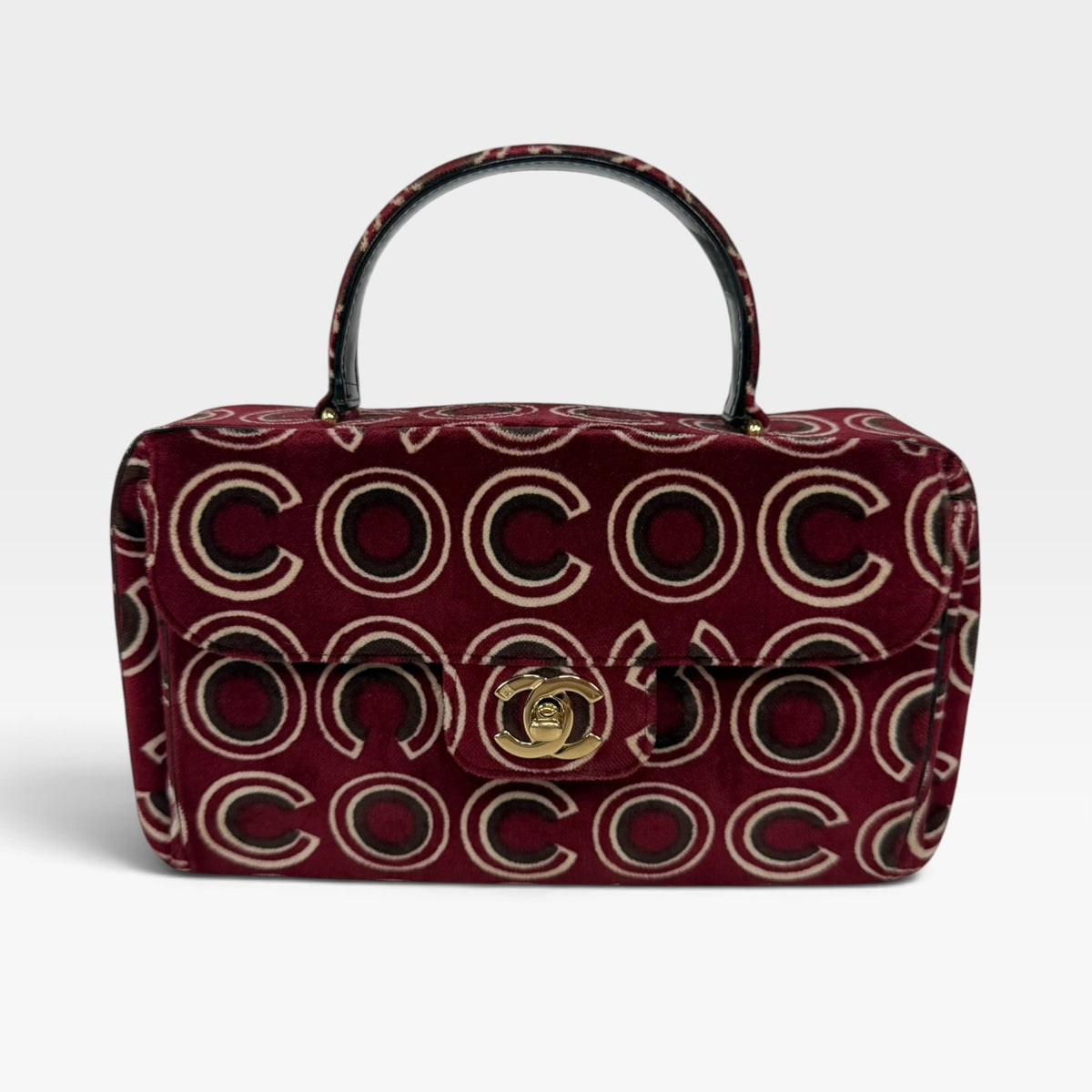 Chanel Coco Print Velvet Top Handle Flap In Burgundy With Gold Hardware