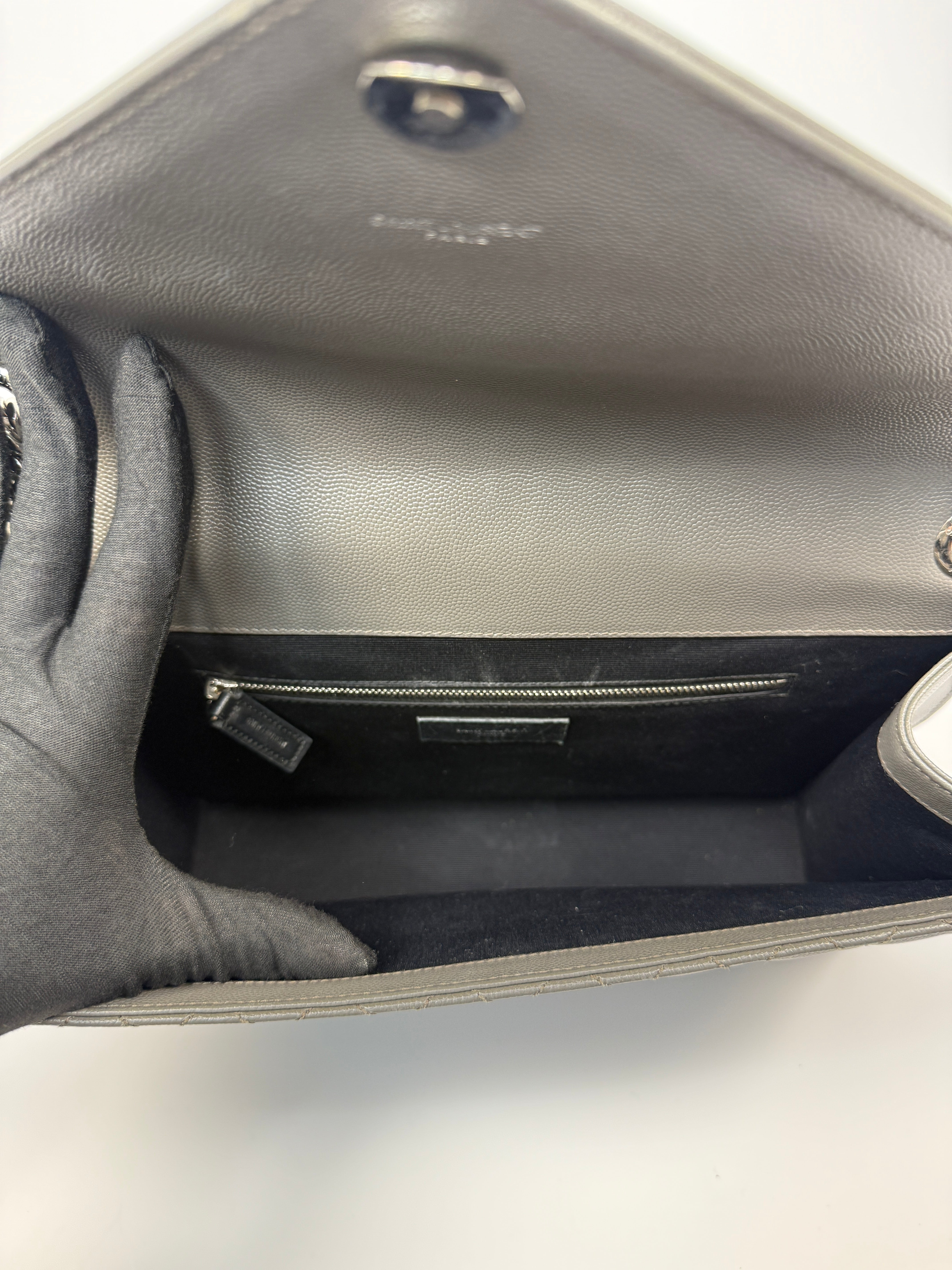 Saint Laurent Large Envelope Shoulder Bag In Grey Grained Leather With Silver Hardware. Excellent condition. Authentic and preloved.