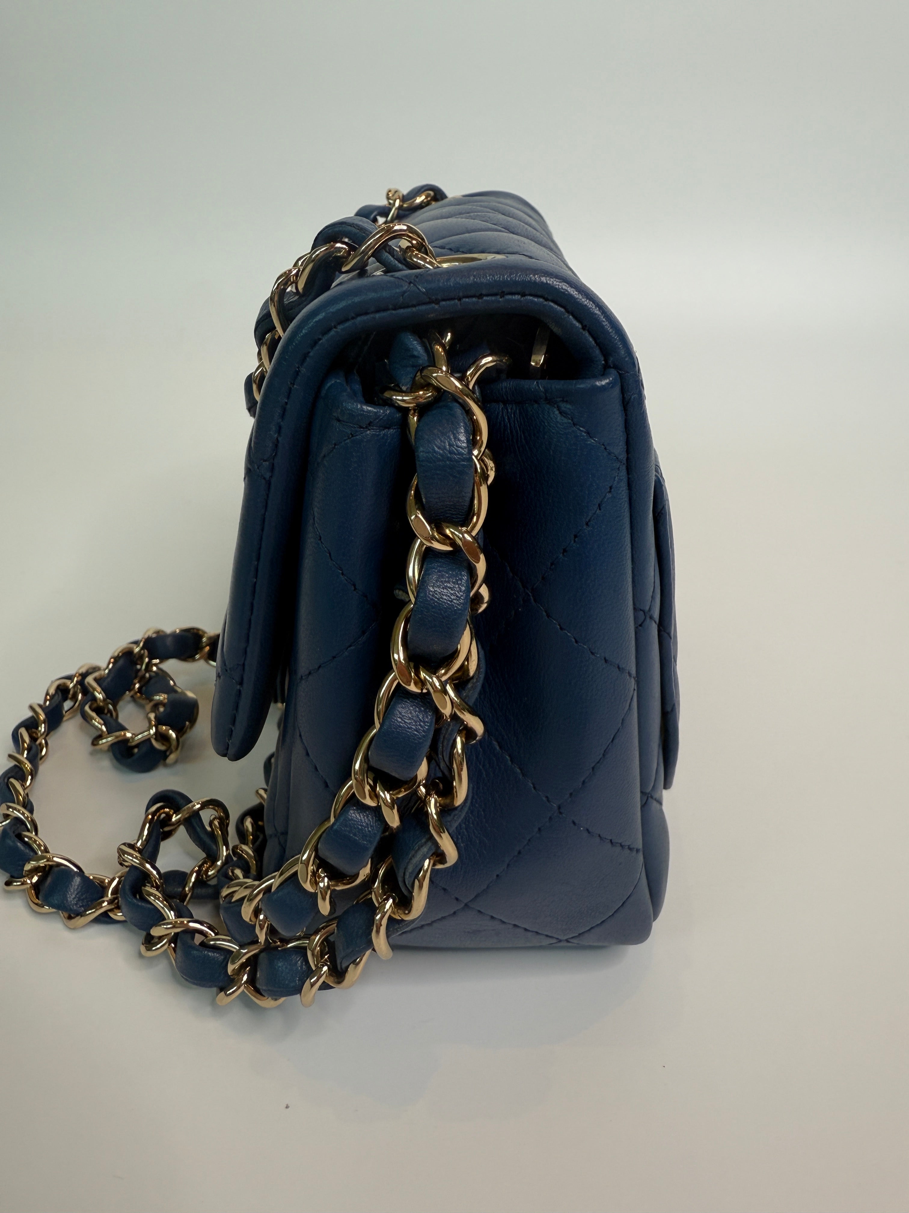 Chanel Mini Square In Navy Lambskin Leather With PGHW