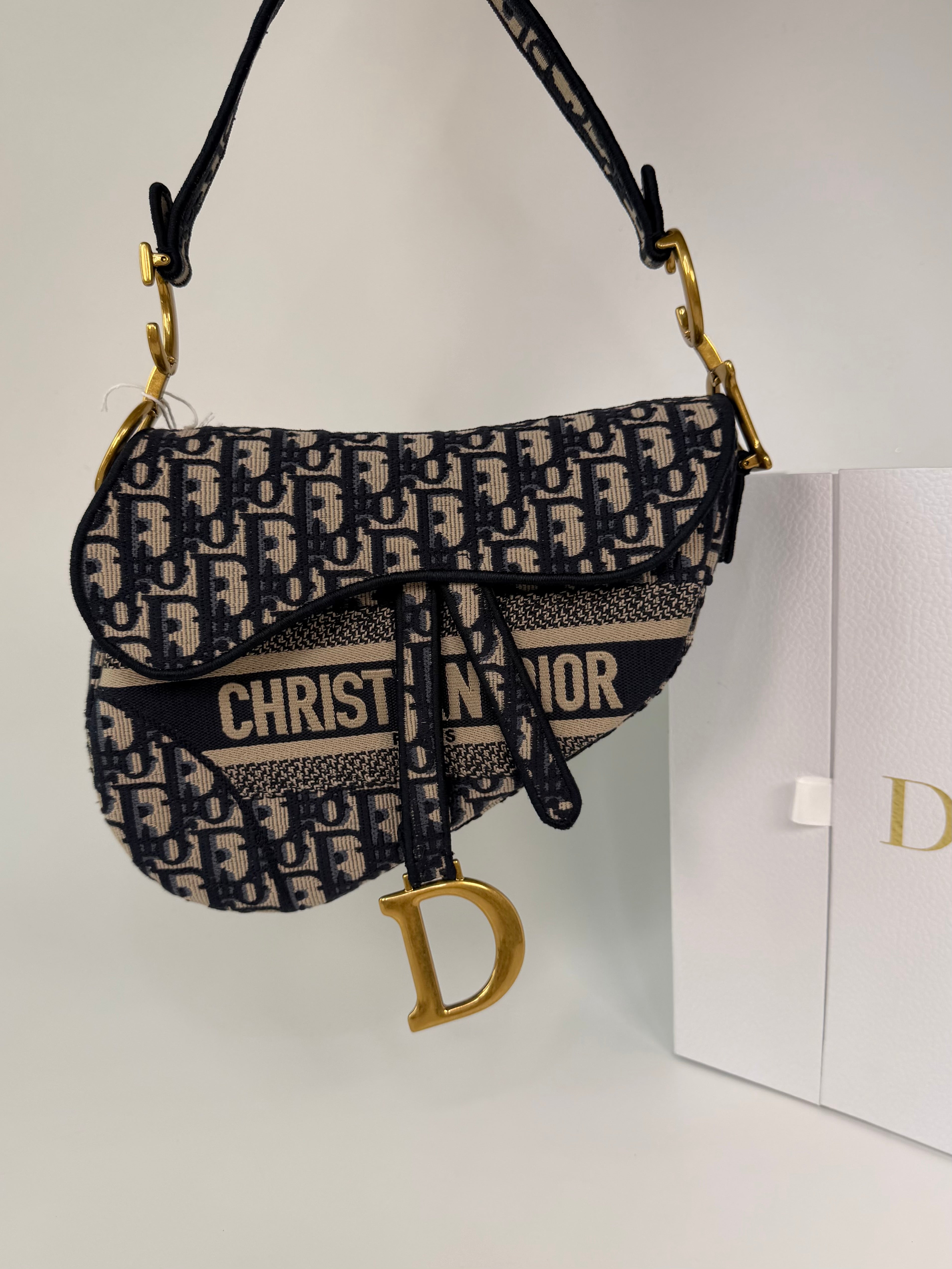Christian Dior Saddle Bag In Blue Oblique Canvas With Gold Hardware