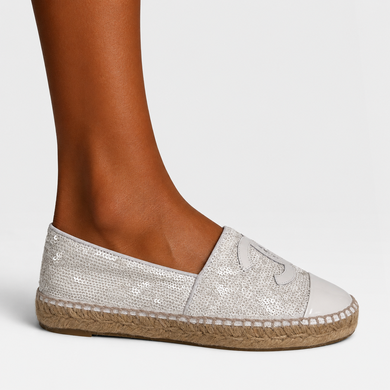Chanel Sequin Espadrilles In White Patent Leather (Size 37/UK4)