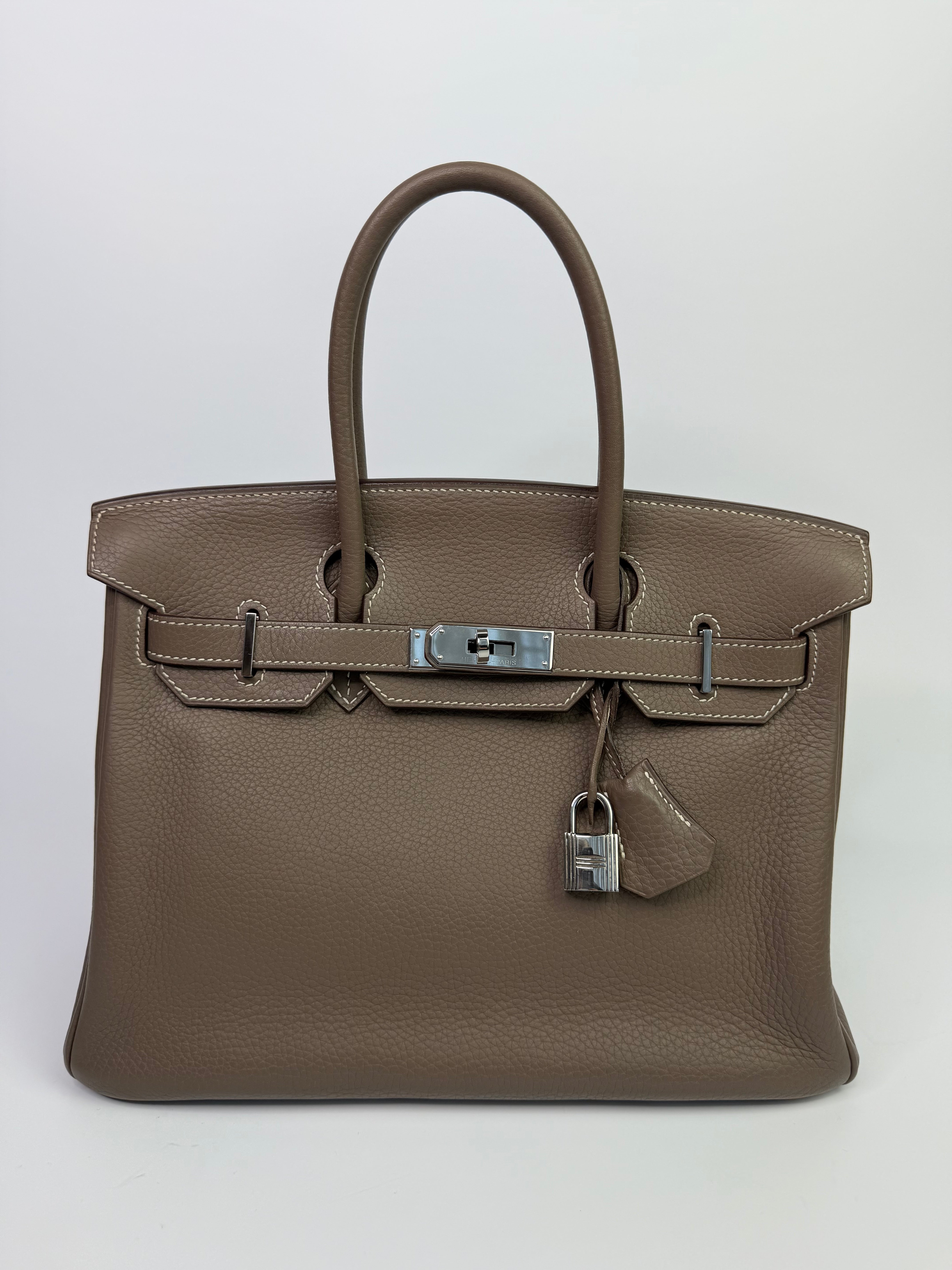 Authentic Pre Loved Hermès Birkin 30 In Etoupe Clemence Leather With Palladium Hardware Excellent Condition