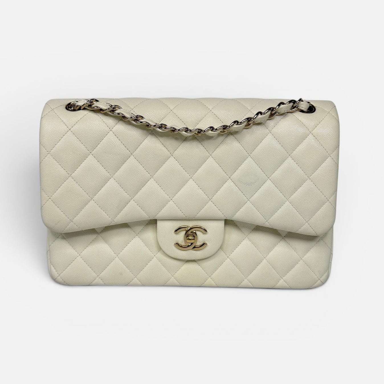 Chanel Classic Jumbo Flap Bag In White Caviar Leather With Gold Hardware