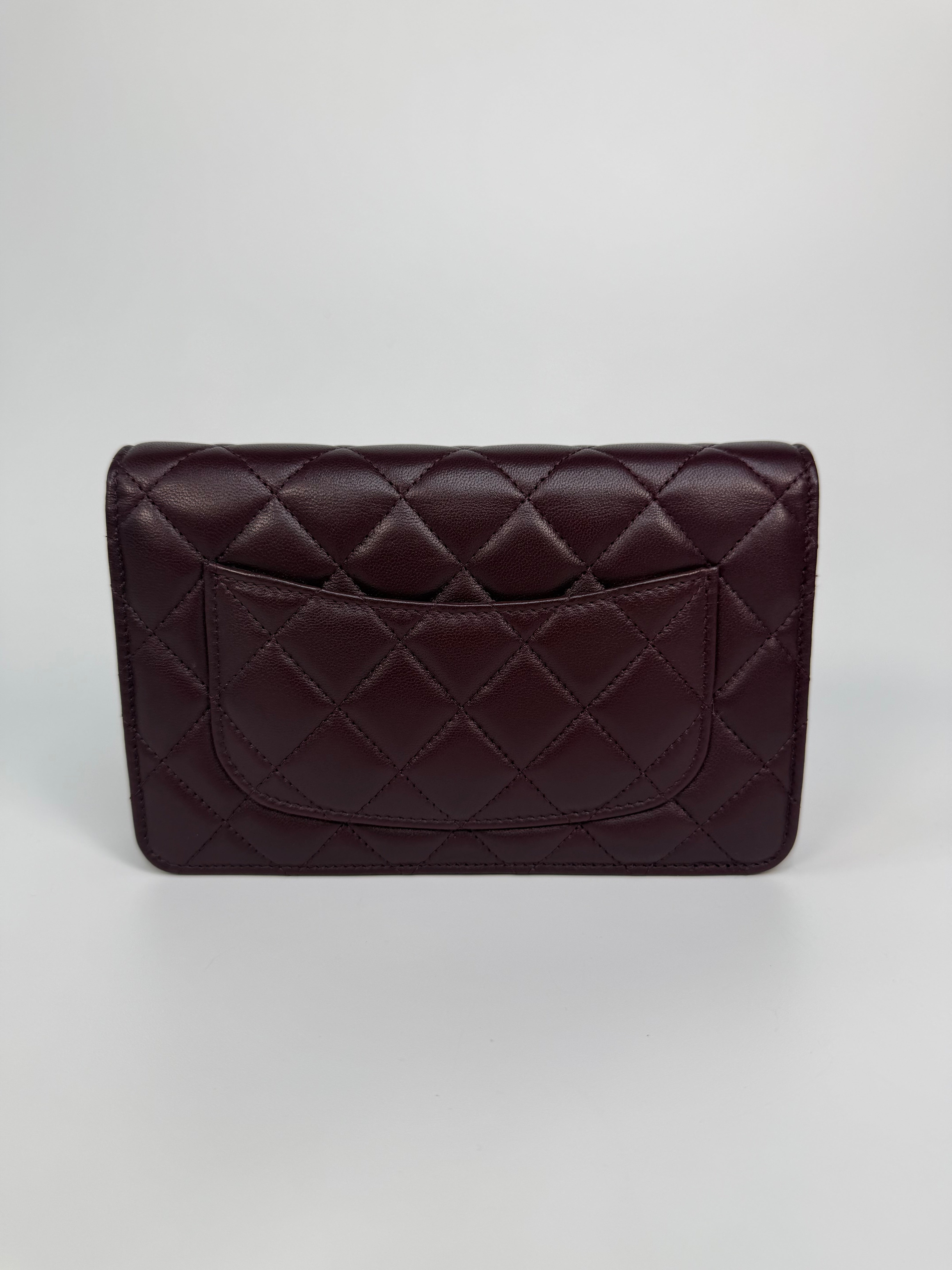 Chanel Wallet On Chain In Burgundy Lambskin With Silver Hardware. Authentic and preloved in excellent condition. 100% Guarantee