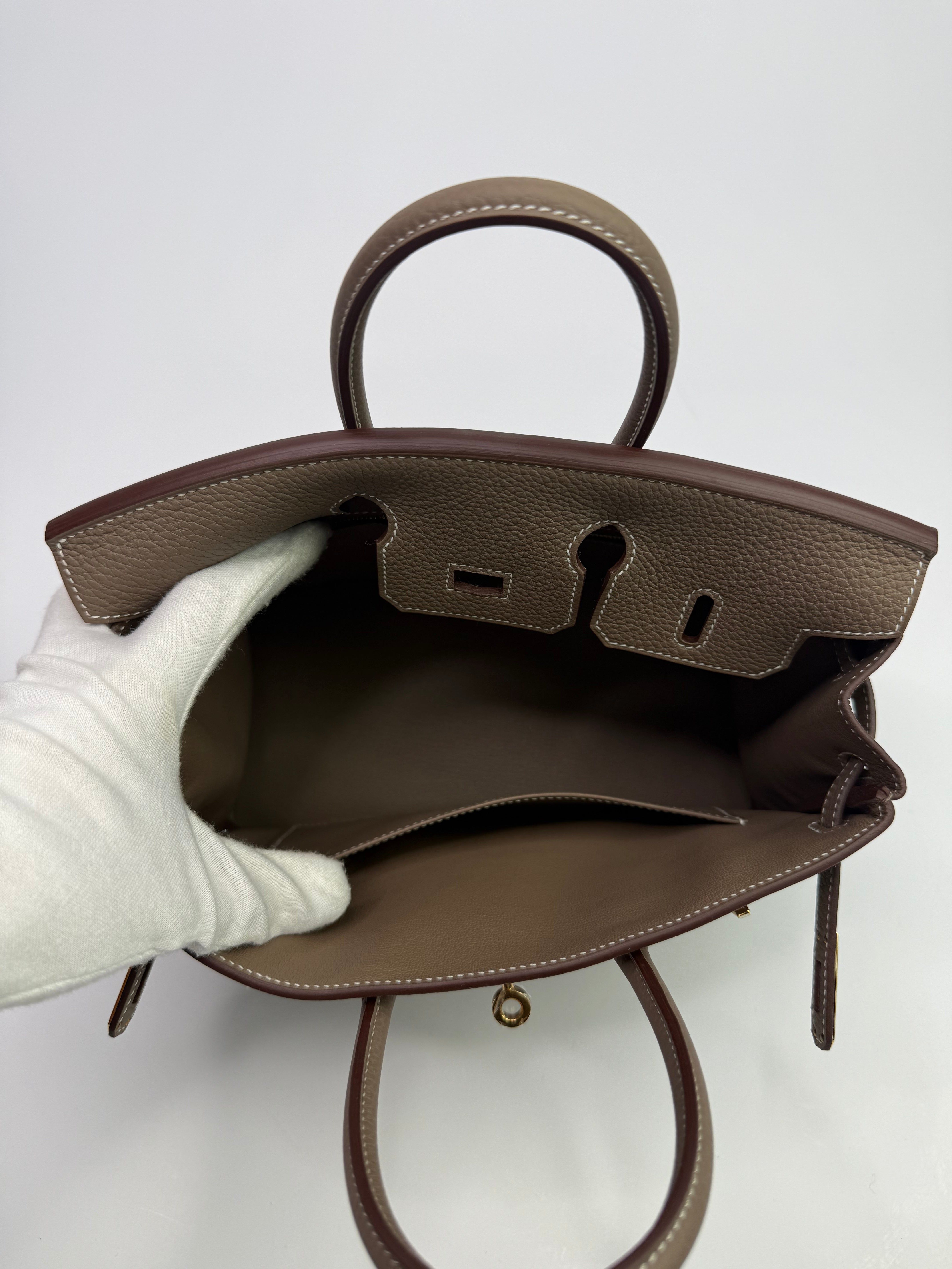 Authentic Pre Loved Hermès Birkin 25 Retourne Etoupe Togo Leather With Gold Hardware New & Unused Condition