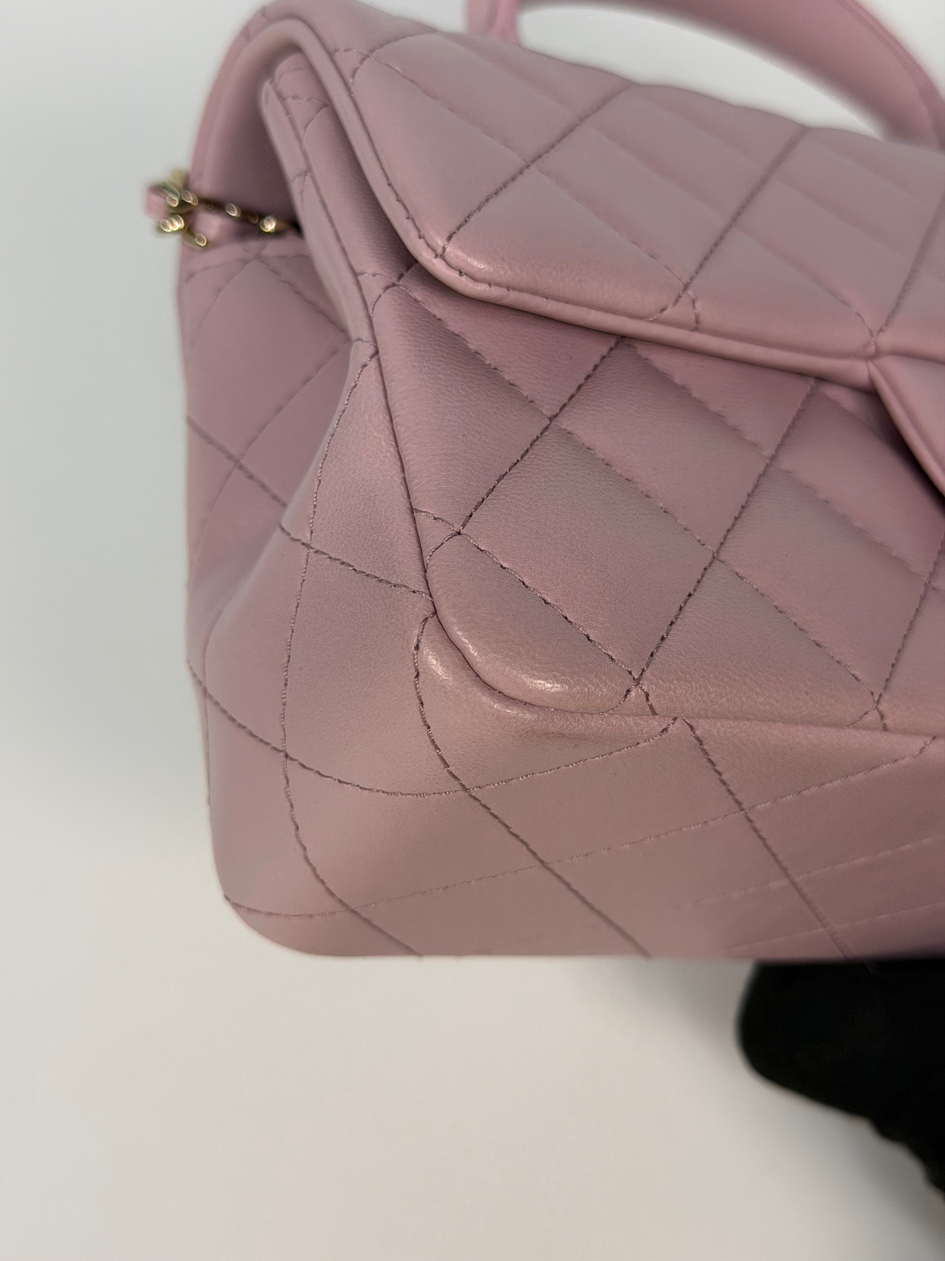 Chanel Mini Rectangle Top Handle In Pink Lambskin Leather With Pale Gold Hardware. 100% authentic and preloved in excellent condition