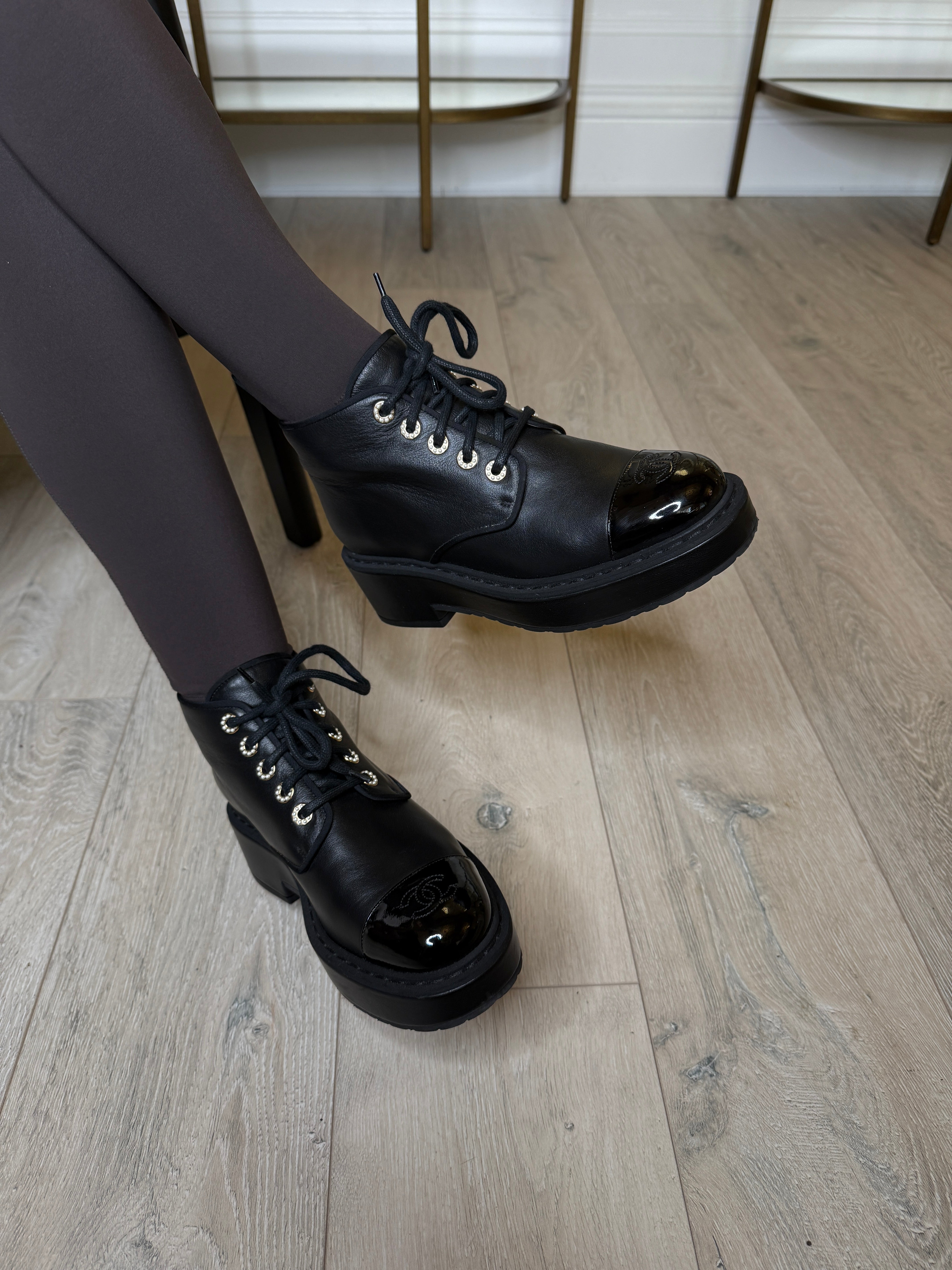 Chanel CC Toe Cap and pearl eyelet Anklet boots In Black Leather. UK6.5 Excellent. Authentic and preloved.