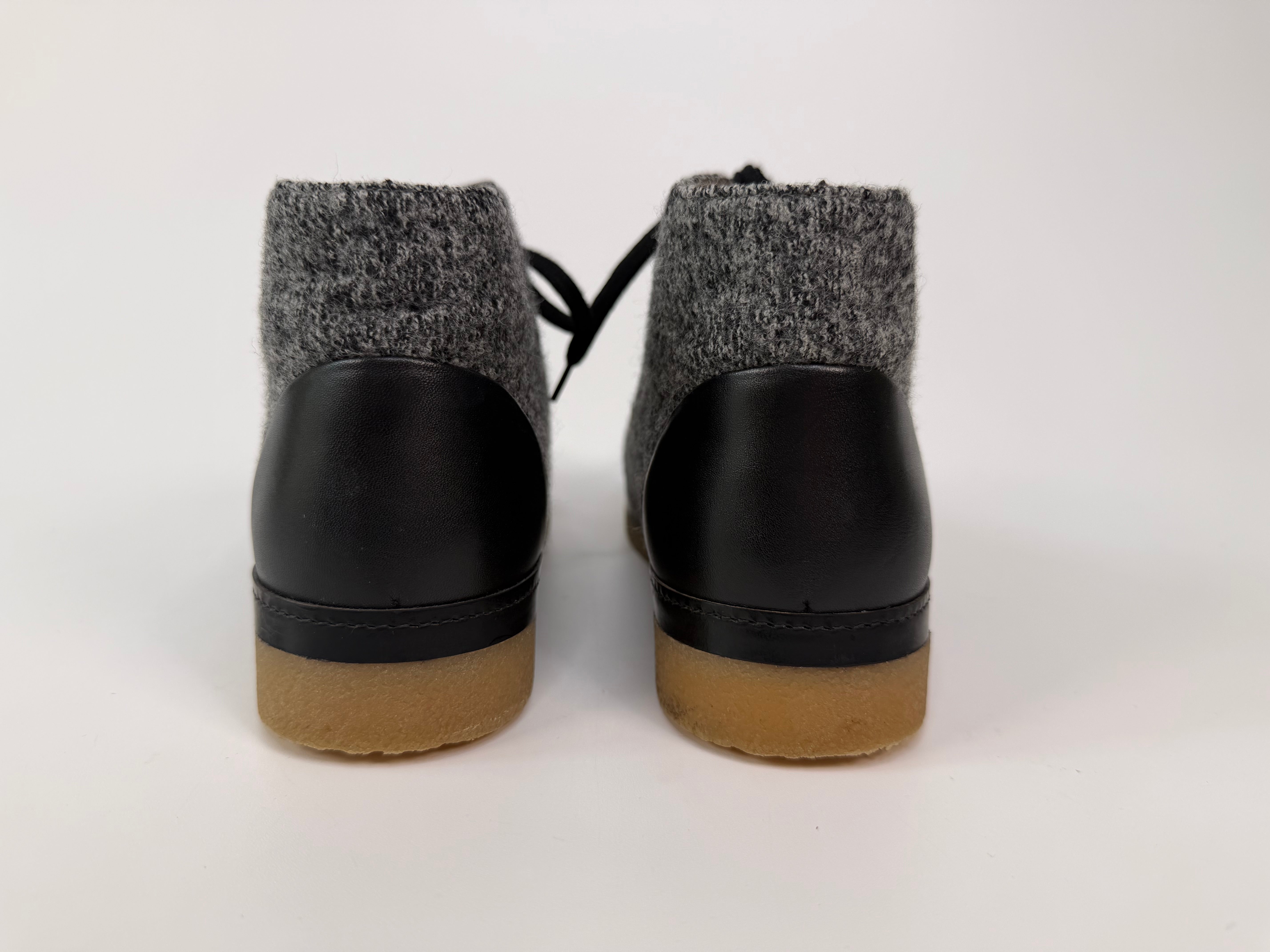 Chanel CC Lace Up Ankle Boots In Grey & Black Tweed (Size 37/UK4) 100% authentic and preloved in excellent condition