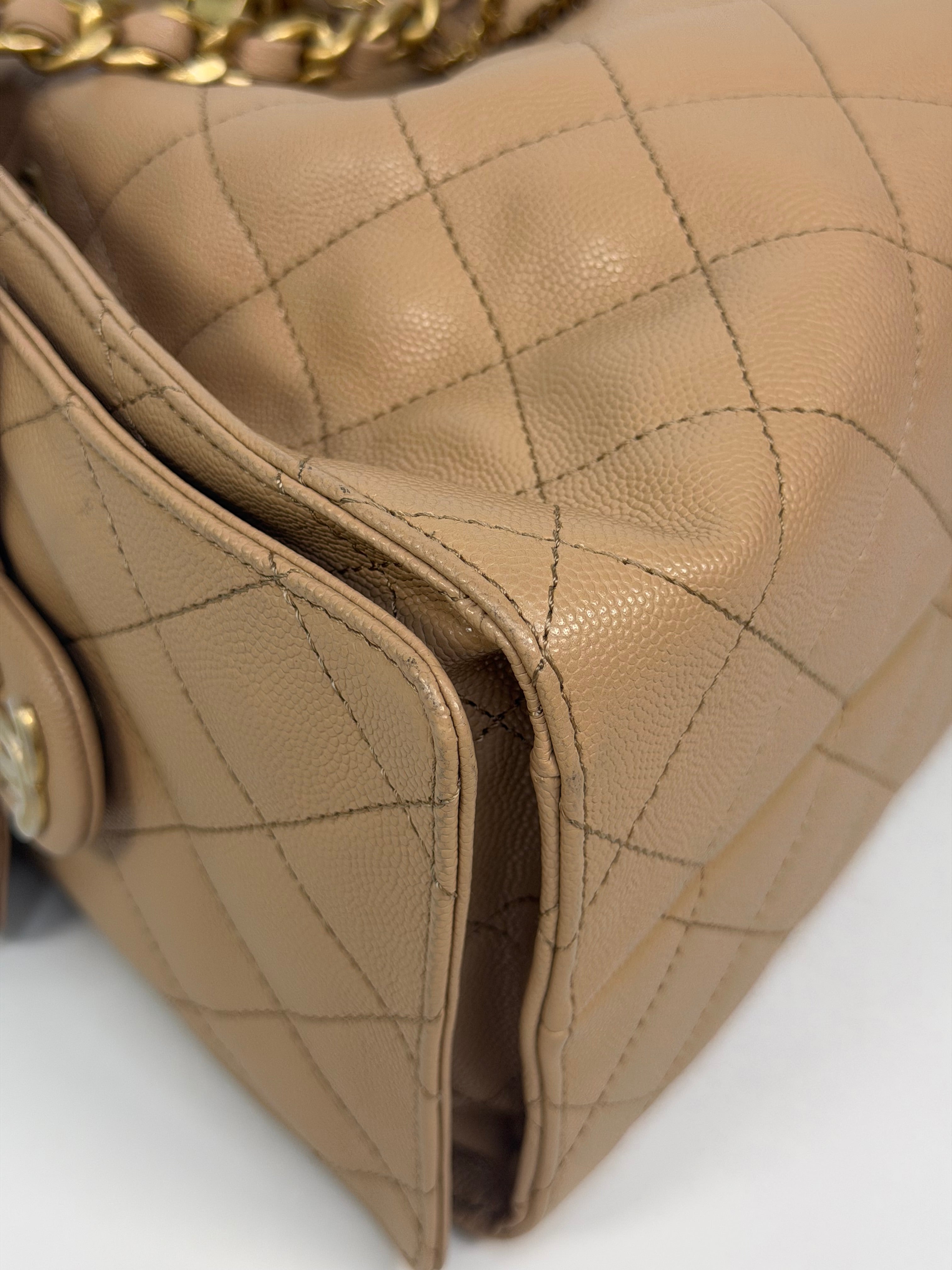 Chanel 25 Small In Beige Caviar Leather With Gold Hardware. 100% authentic and preloved in excellent condition