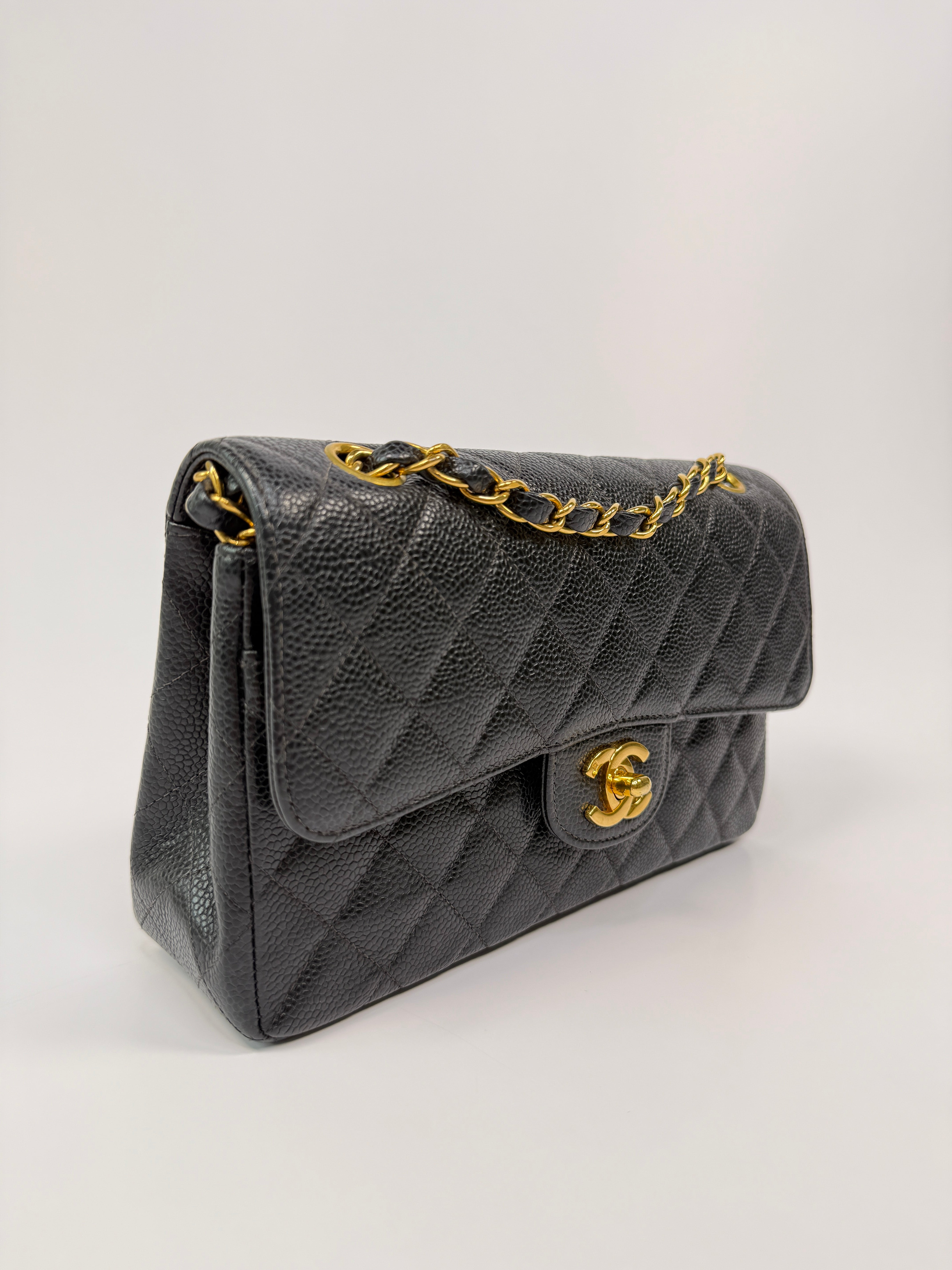 Chanel Vintage Small Classic Double Flap In Black Caviar Leather With GHW