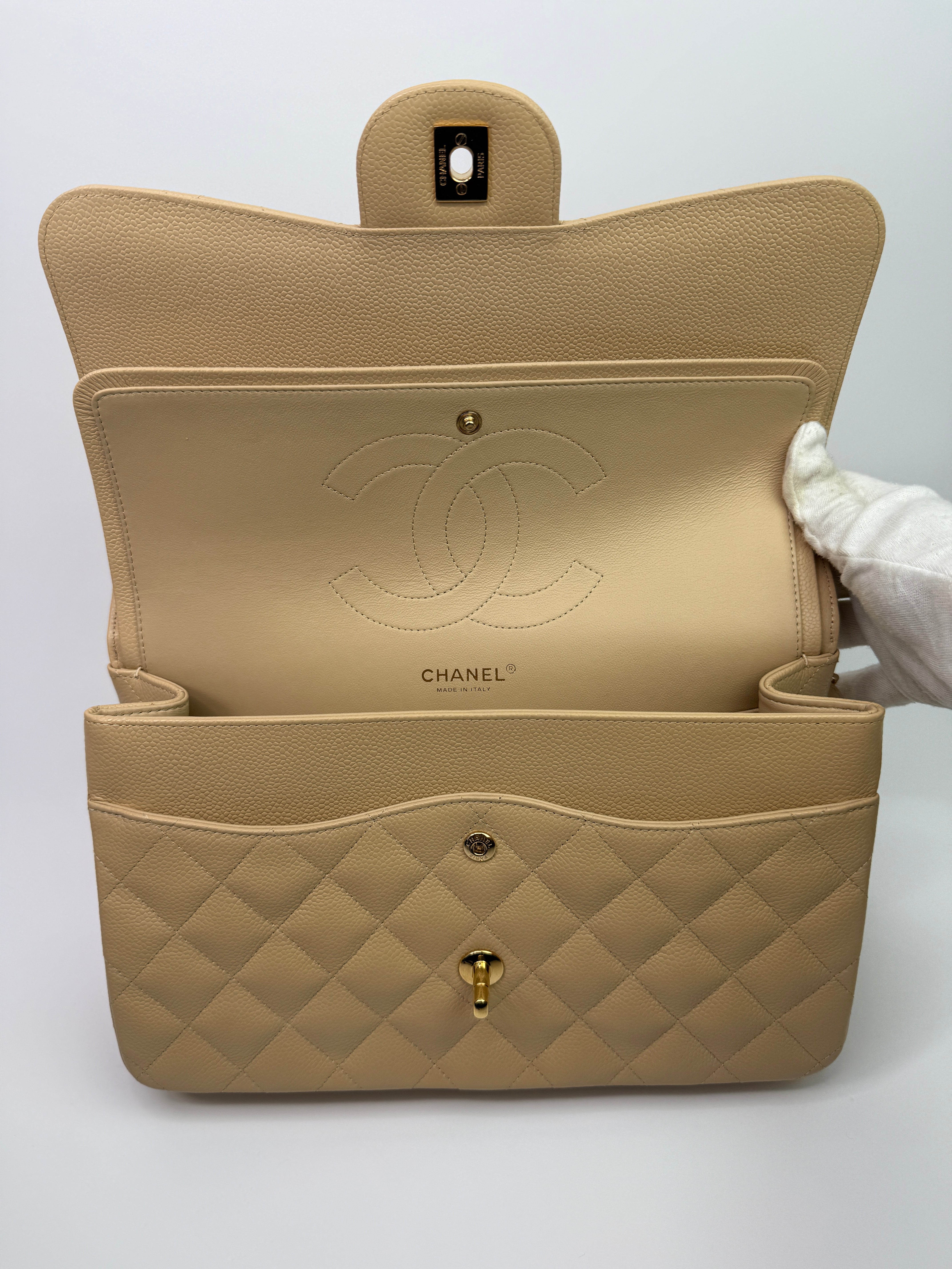 Chanel Jumbo Classic Double Flap In Beige Caviar Leather with GHW