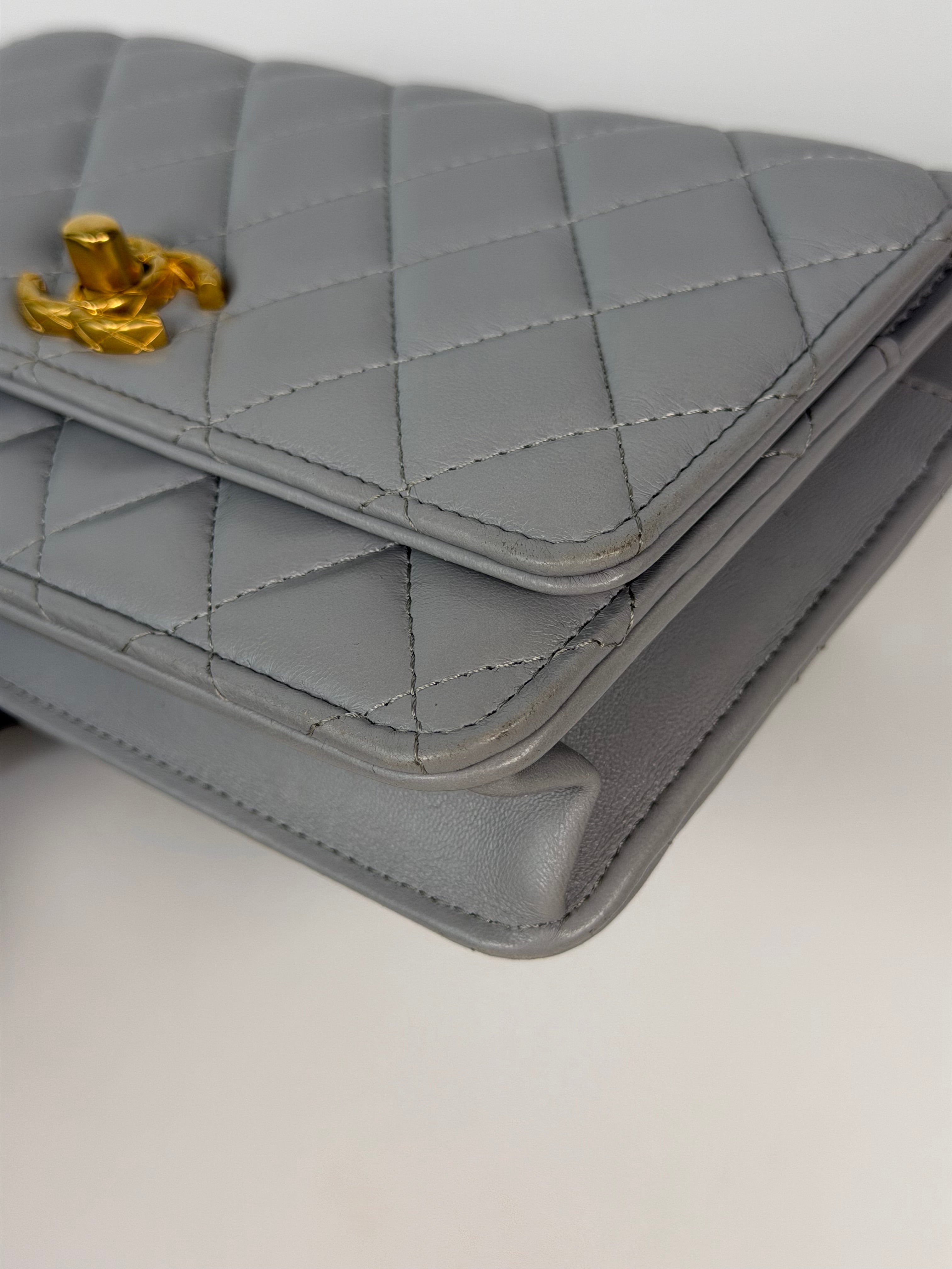 Chanel Pearl Crush Wallet On Chain In Grey Lambskin Leather With Gold Hardware