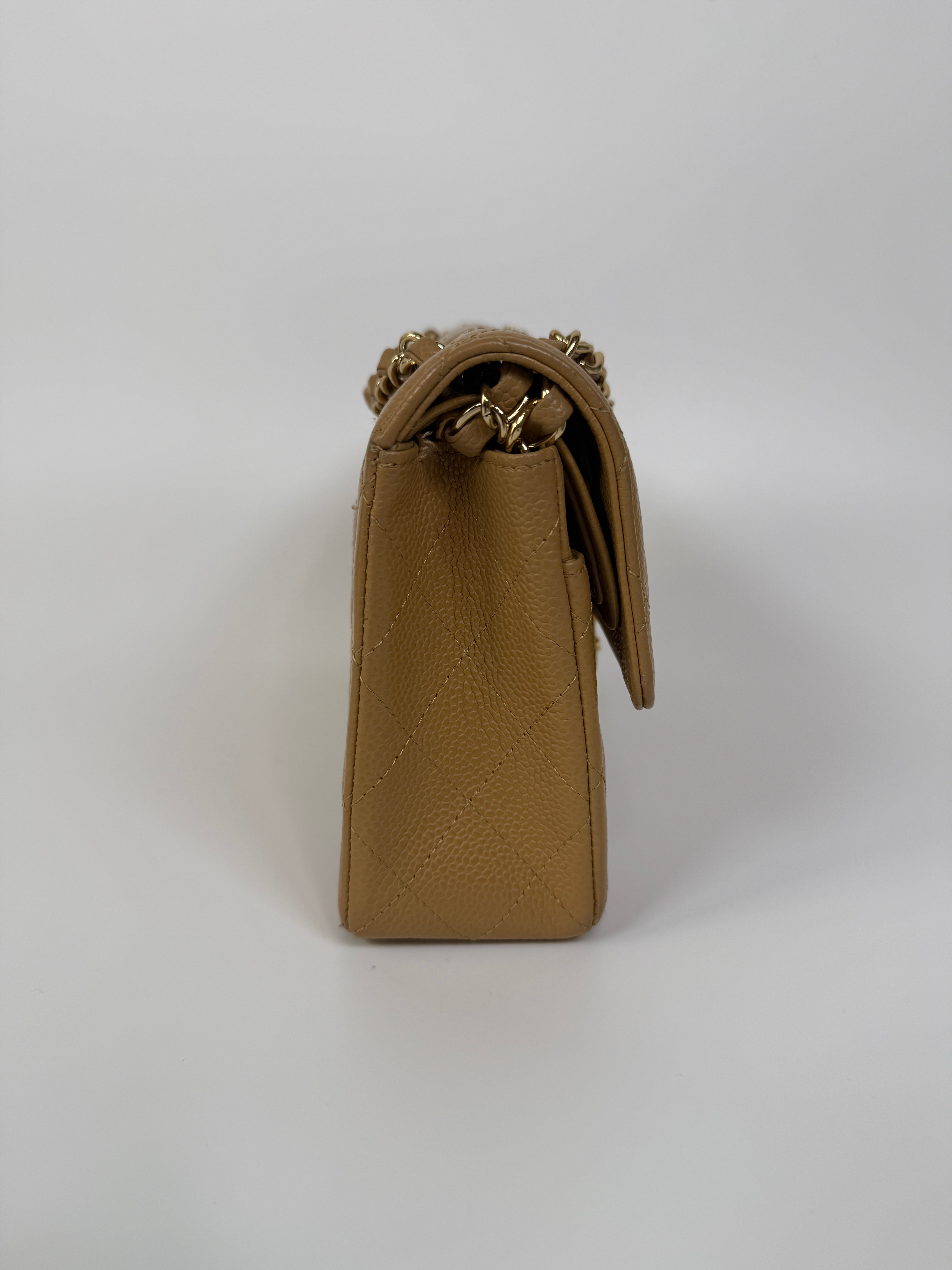 Chanel Small Classic Double Flap In Beige Caviar Leather With 24kt Gold Hardware. Authentic and Preloved. Excellent Condition, 100% Authenticity guarantee