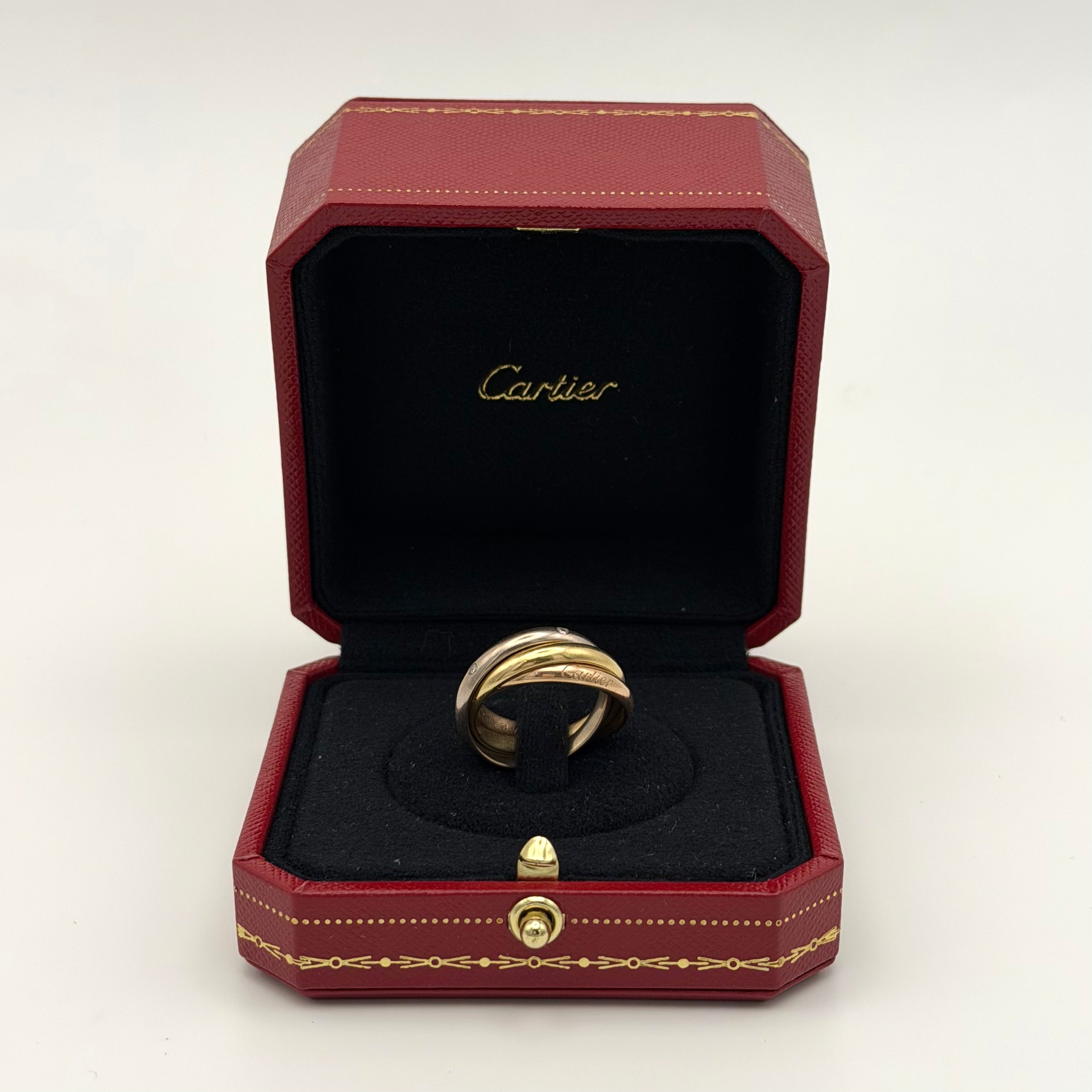 Cartier Trinity Ring Classic Model 5 Diamonds (Size 54). authentic and preloved in white gold, yellow gold and rose gold. very good condition