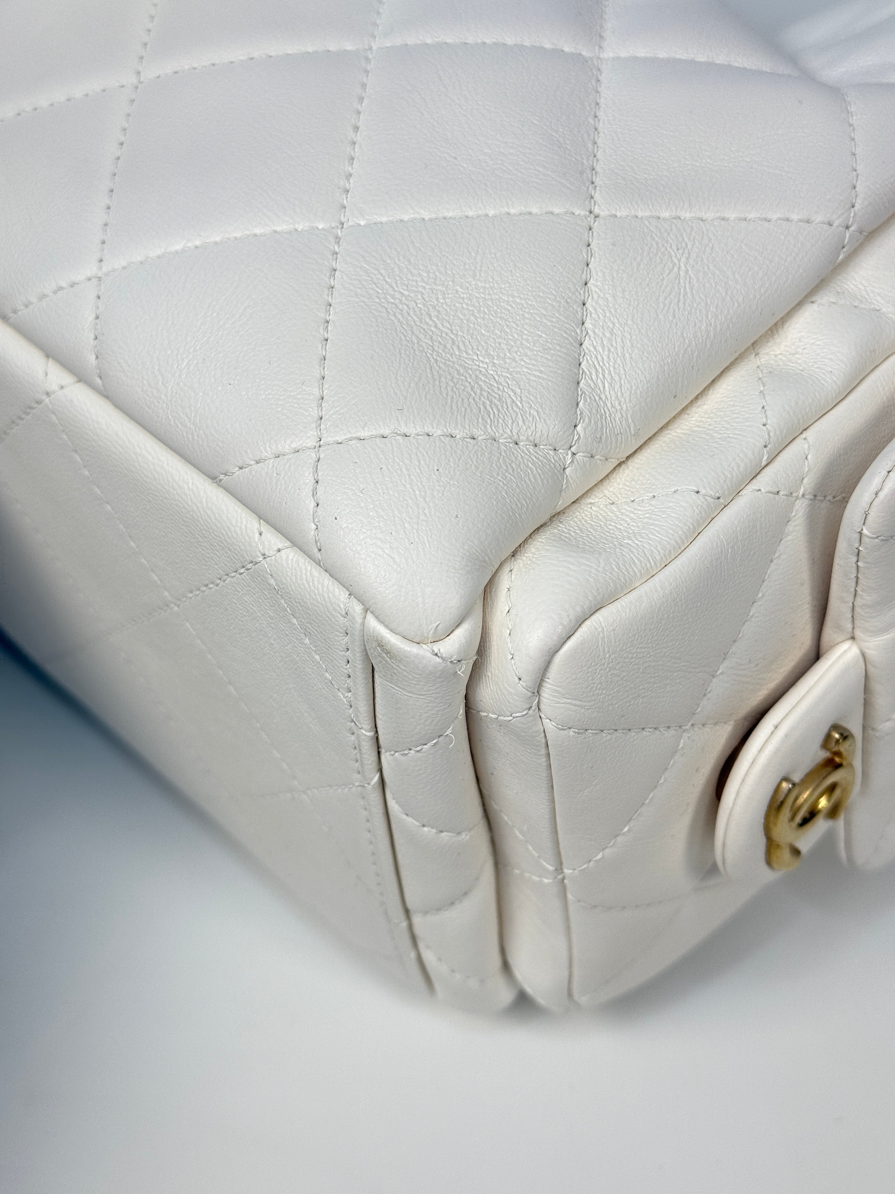 Chanel Quilted Pockets Bag In White Lambskin Leather With Gold Hardware