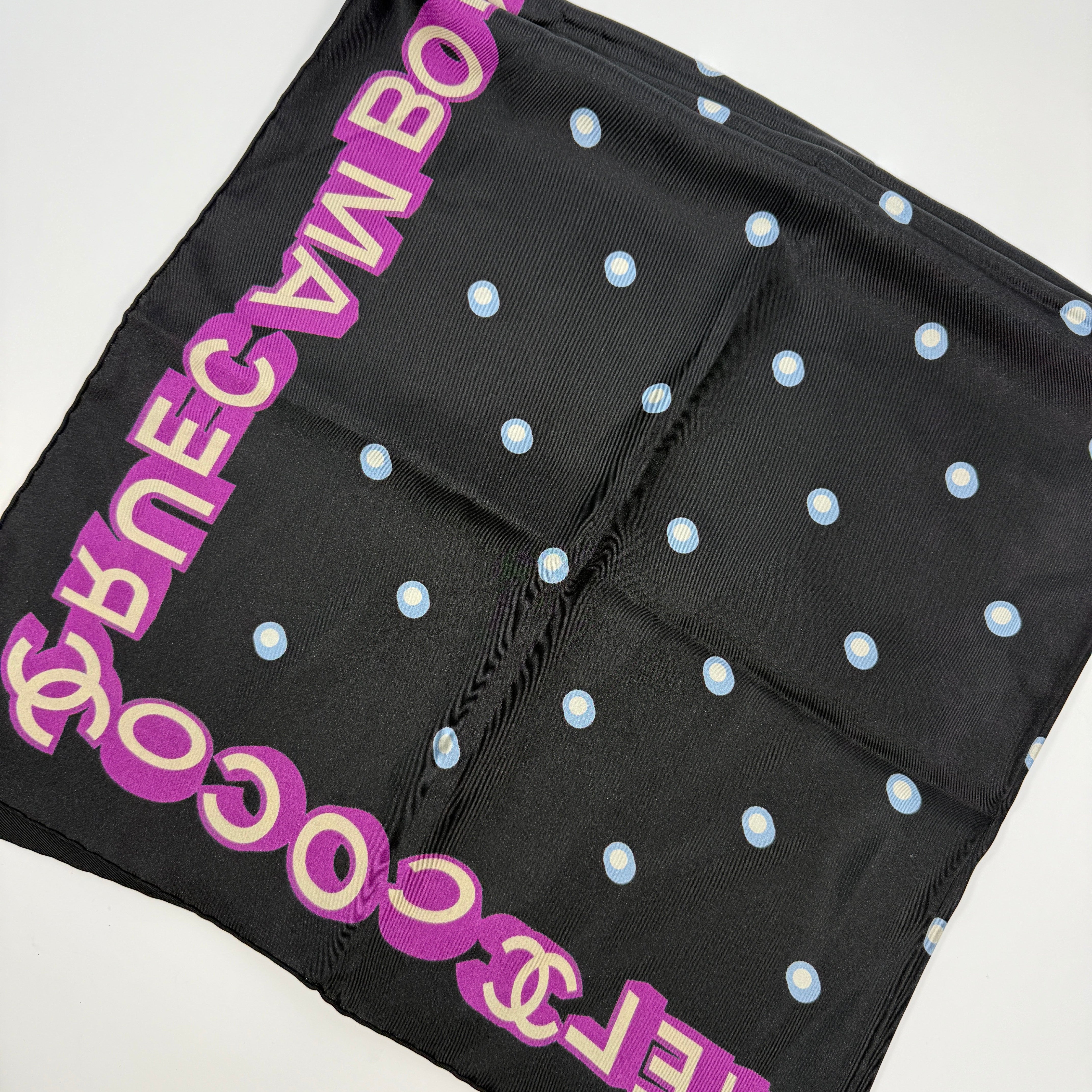 Chanel Silk Coco Scarf In Navy And Fuchsia Polka Dot, Authentic And Preloved In Excellent Condition