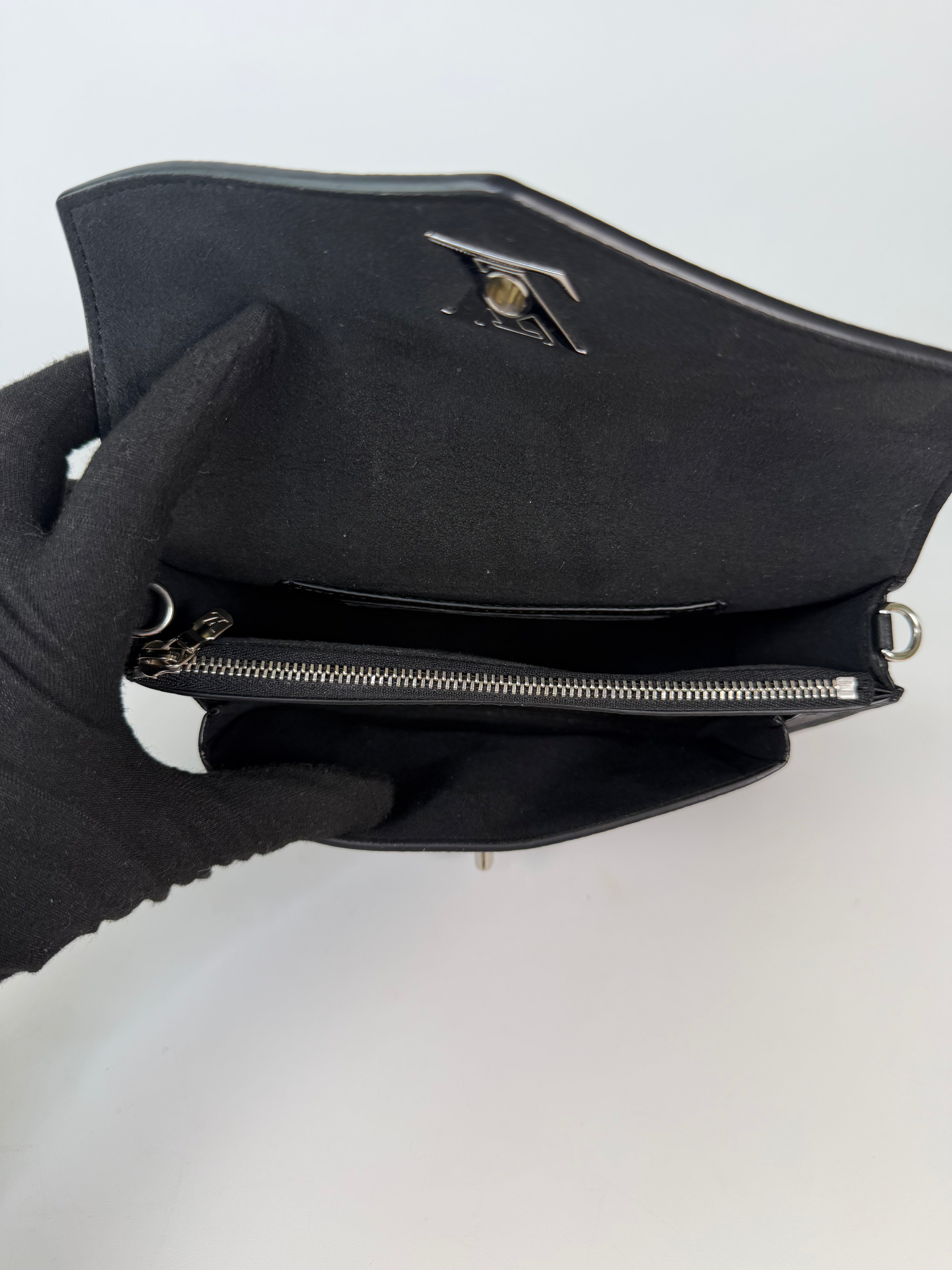 Louis Vuitton Pochette Chain MyLockMe In Black Leather With Silver Hardware in excellent condition 100% authentic and preloved