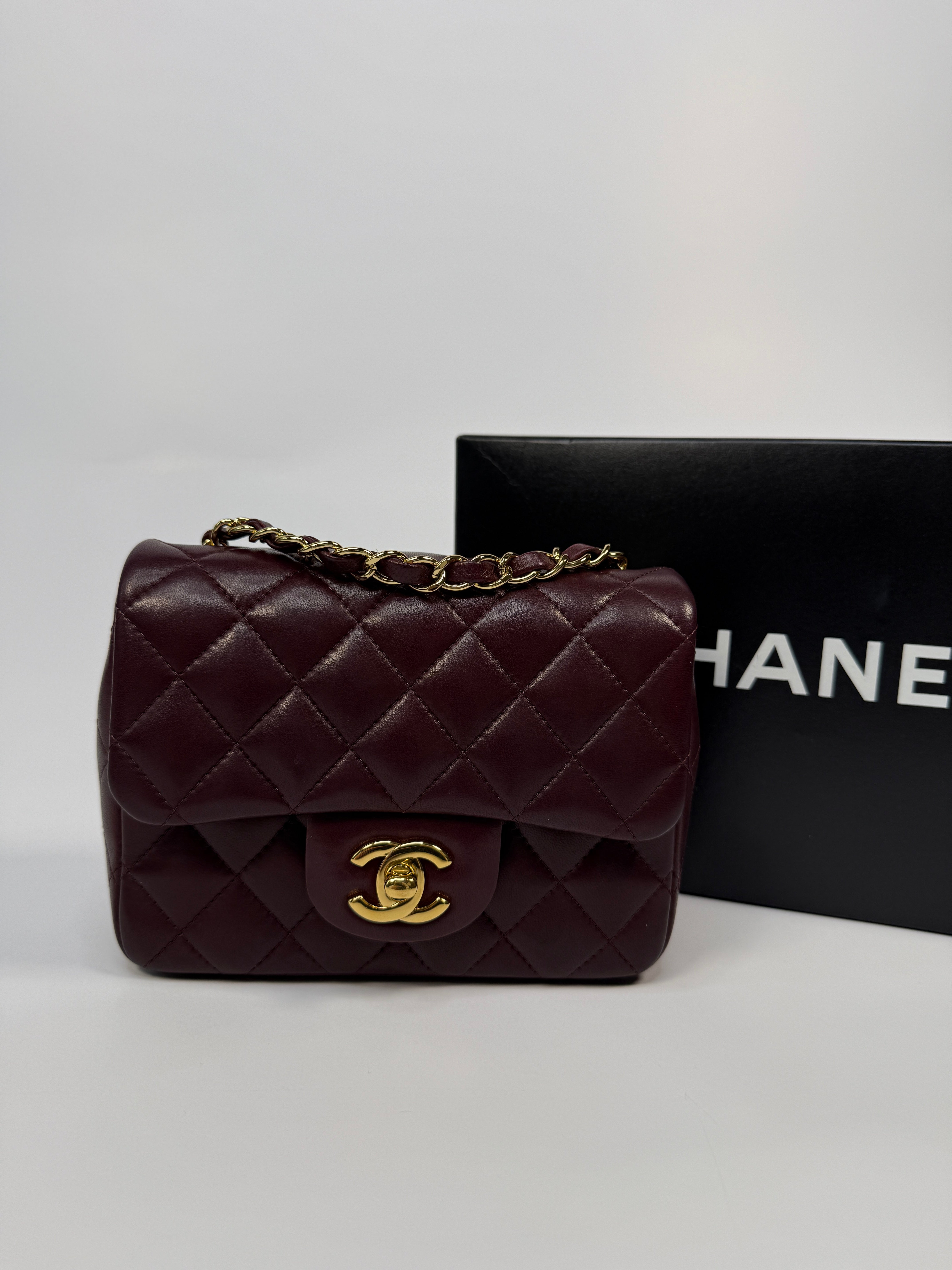 Chanel Mini Square In Burgundy Lambskin Leather With GHW