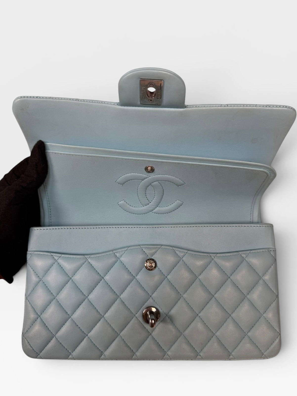Chanel Medium Double Classic Flap Light Blue Silver Hardware. Authentic and preloved in good condition.