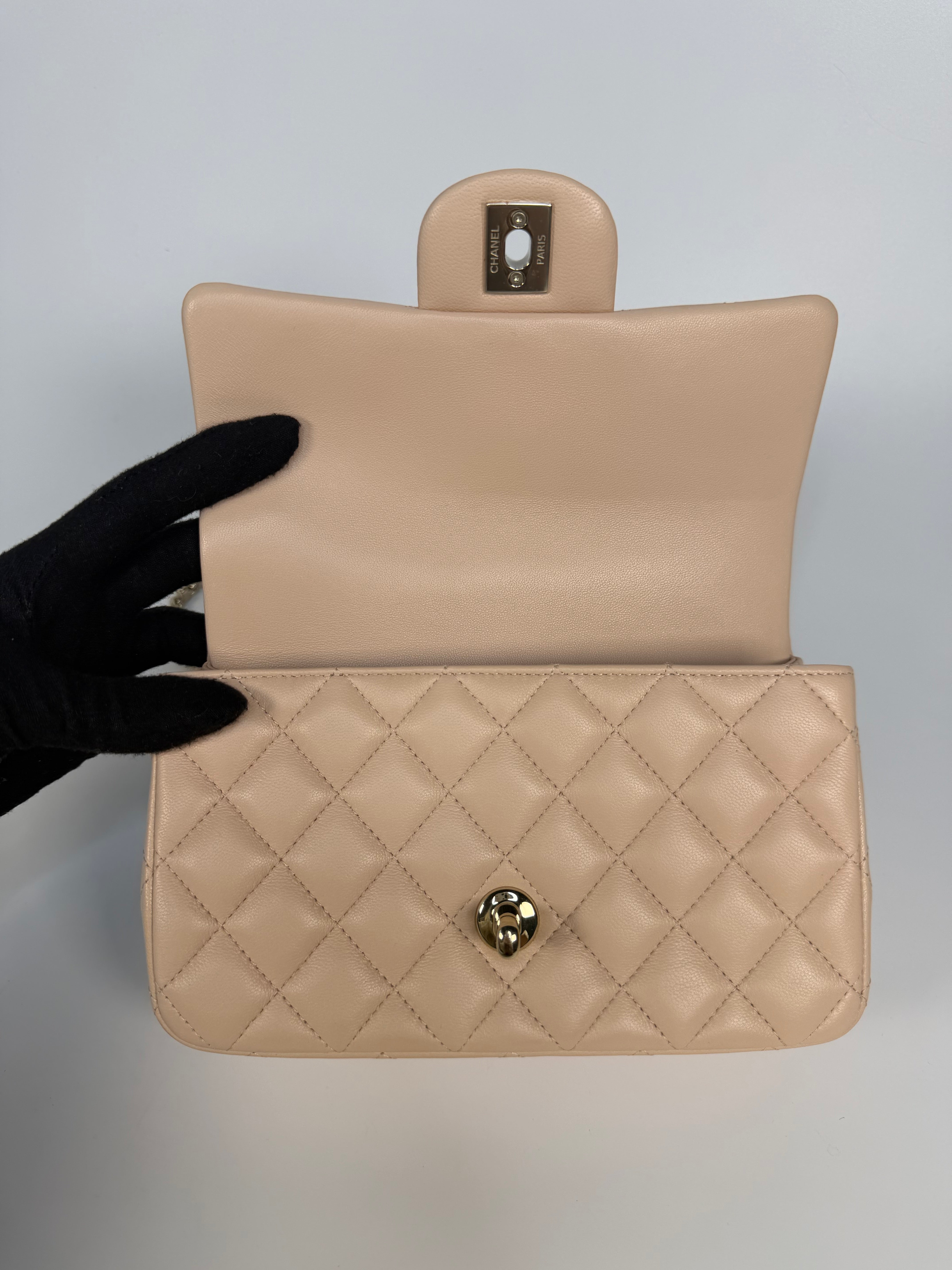Chanel Mini Rectangle Top Handle In Light Beige Lambskin Leather With Gold Hardware