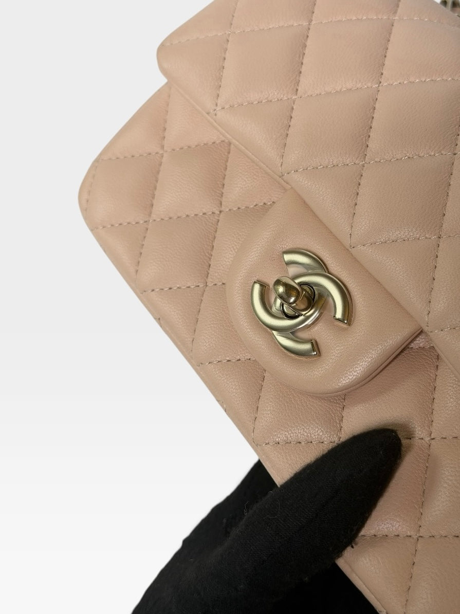 Chanel Mini Rectangle Top Handle Beige Lambskin Pale Gold Hardware. 100% authentic and preloved in excellent condition.