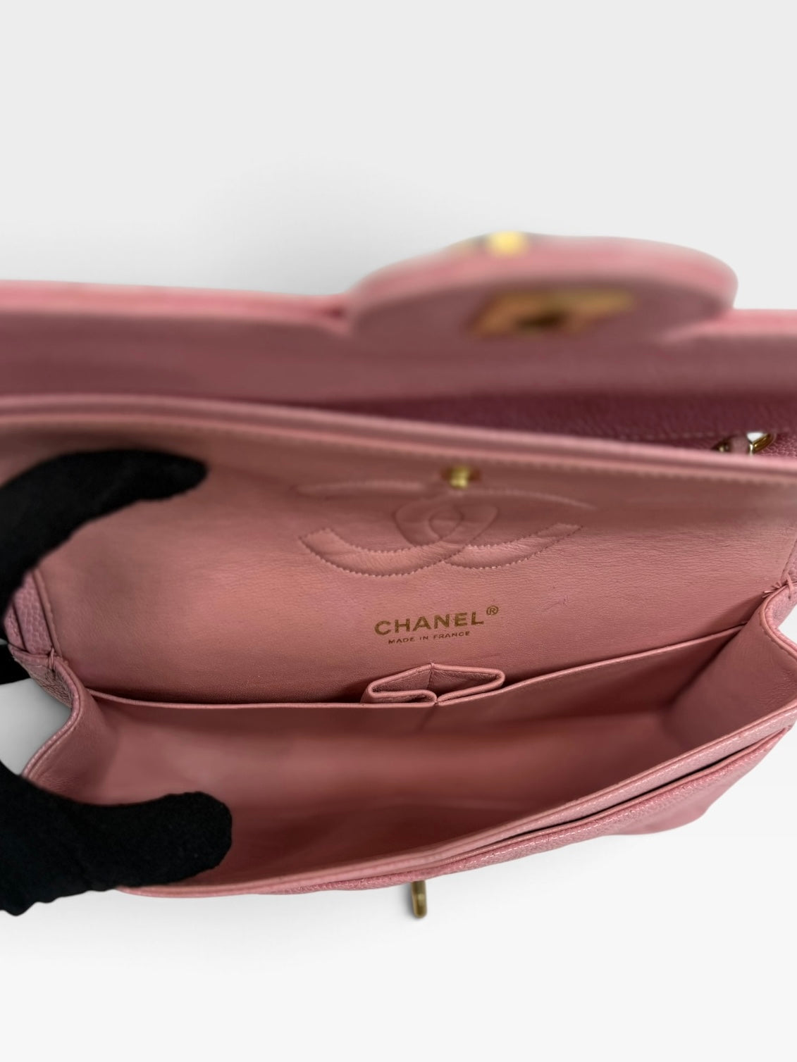 Chanel Vintage Medium Classic Double Flap In Pink Caviar Leather With 24Kt Gold Hardware 100% authentic and preloved in excellent condition