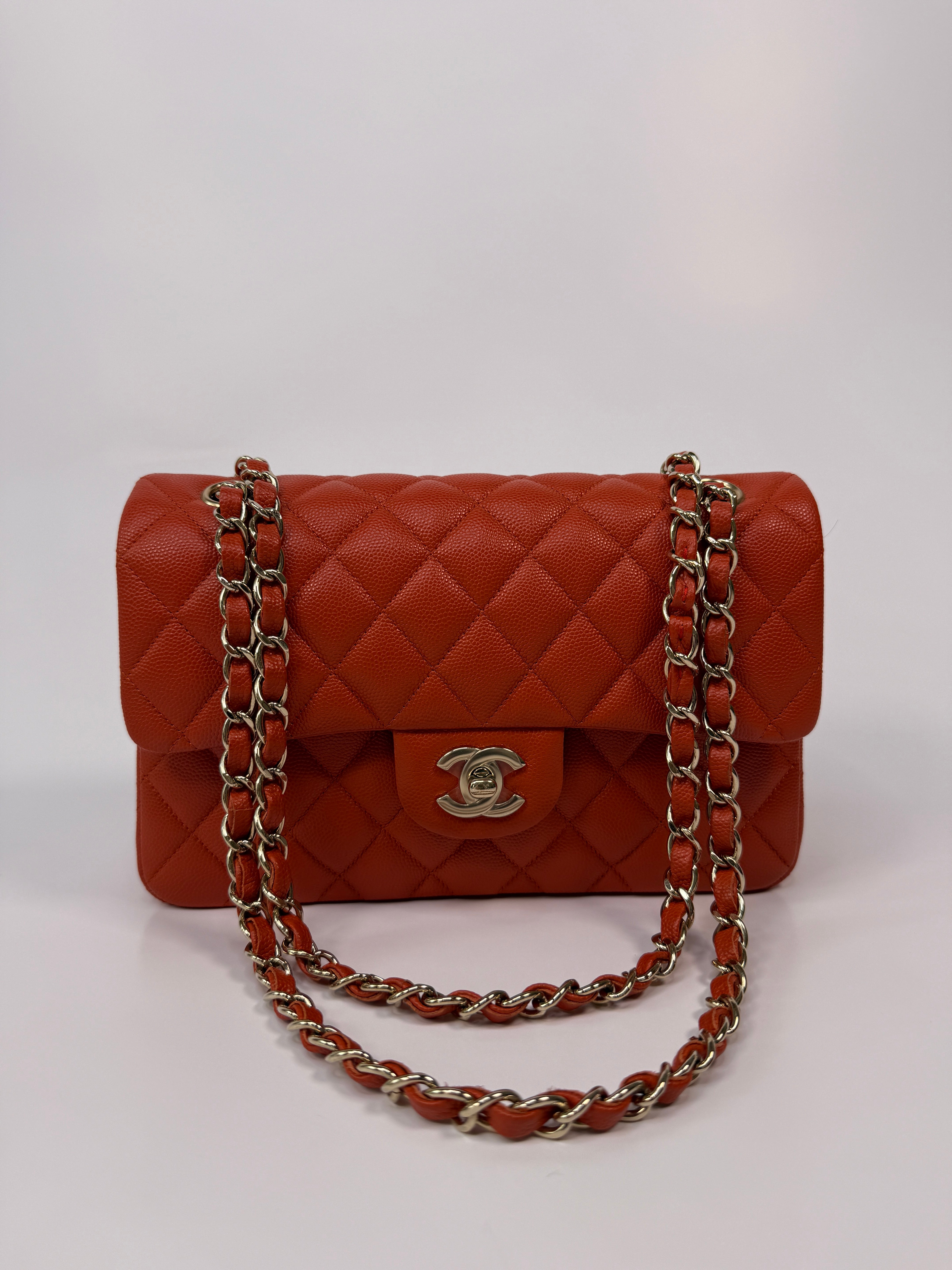 Chanel Small Classic Double Flap In Orange/Red Caviar Leather With PGHW