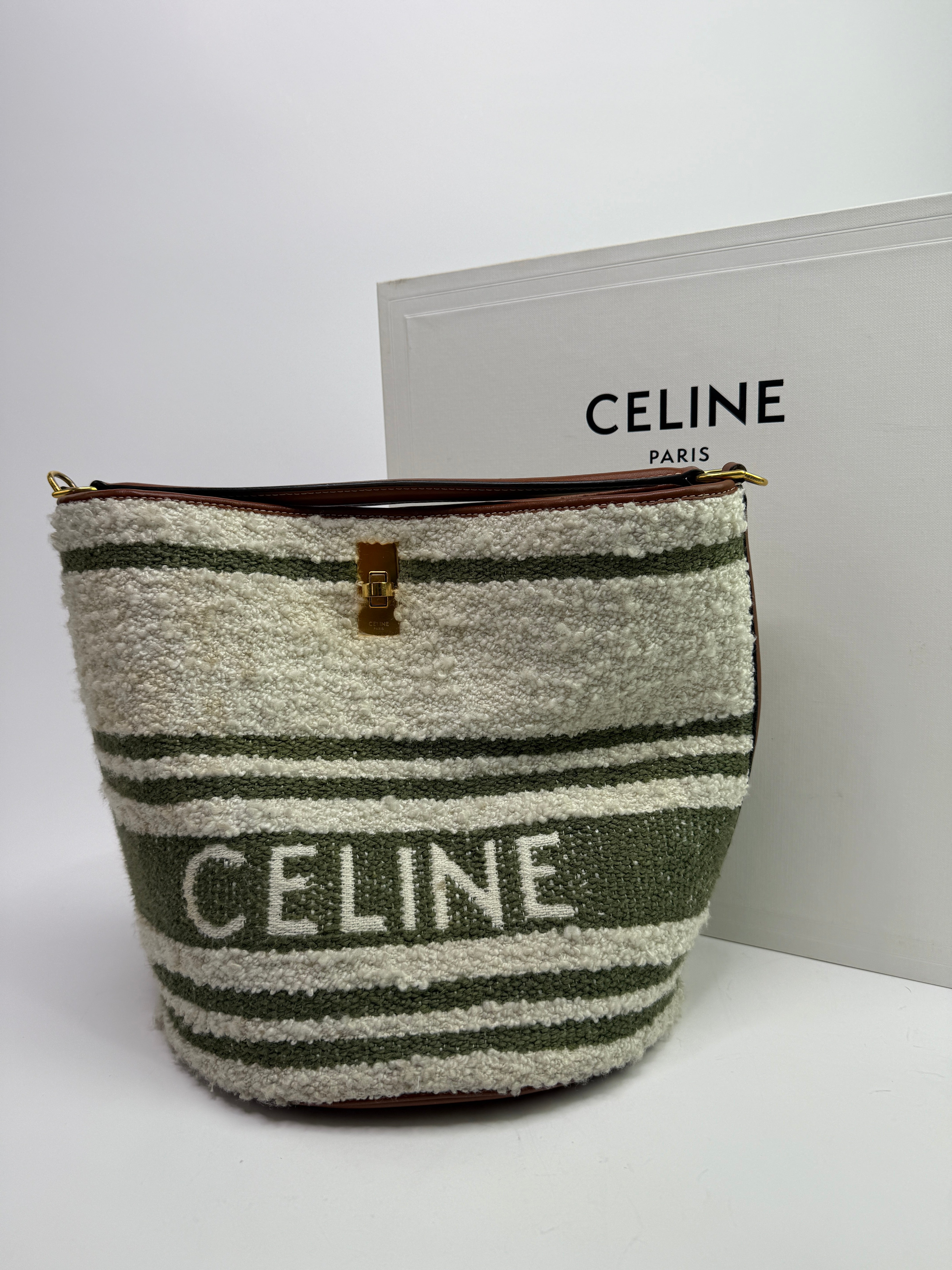 Celine Striped Tweed and Leather 16 Bucket Bag