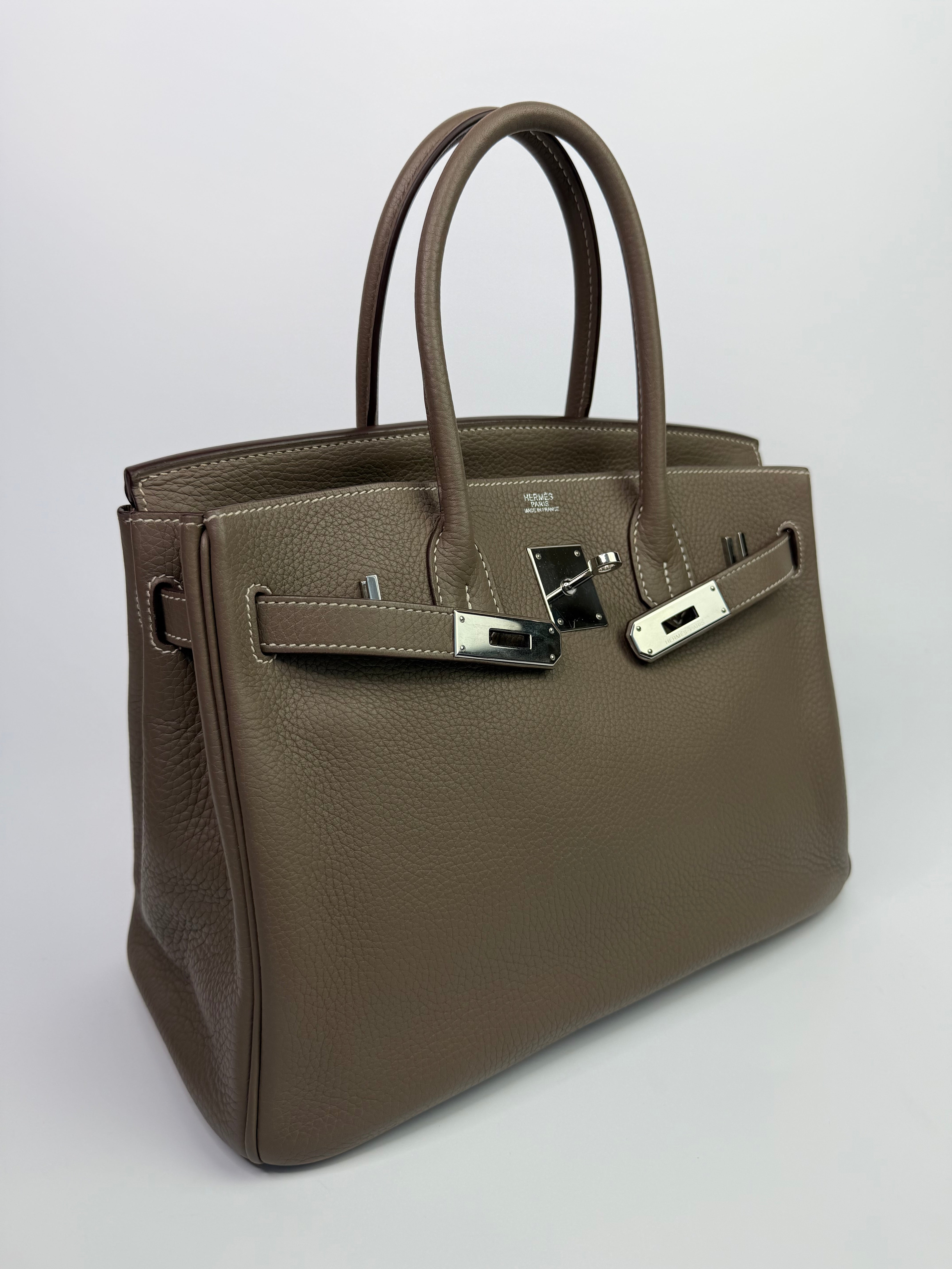 Authentic Pre Loved Hermès Birkin 30 In Etoupe Clemence Leather With Palladium Hardware Excellent Condition
