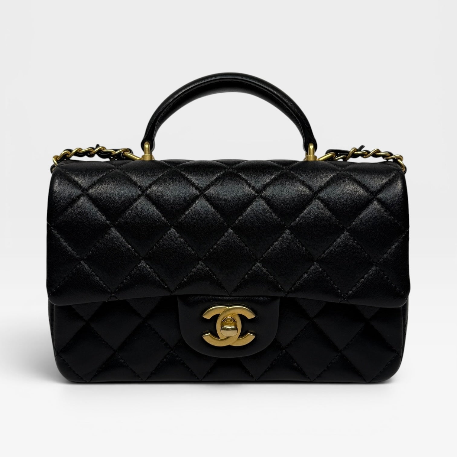 Chanel Mini Rectangle Top Handle Flap Bag In Black Lambskin With GHW