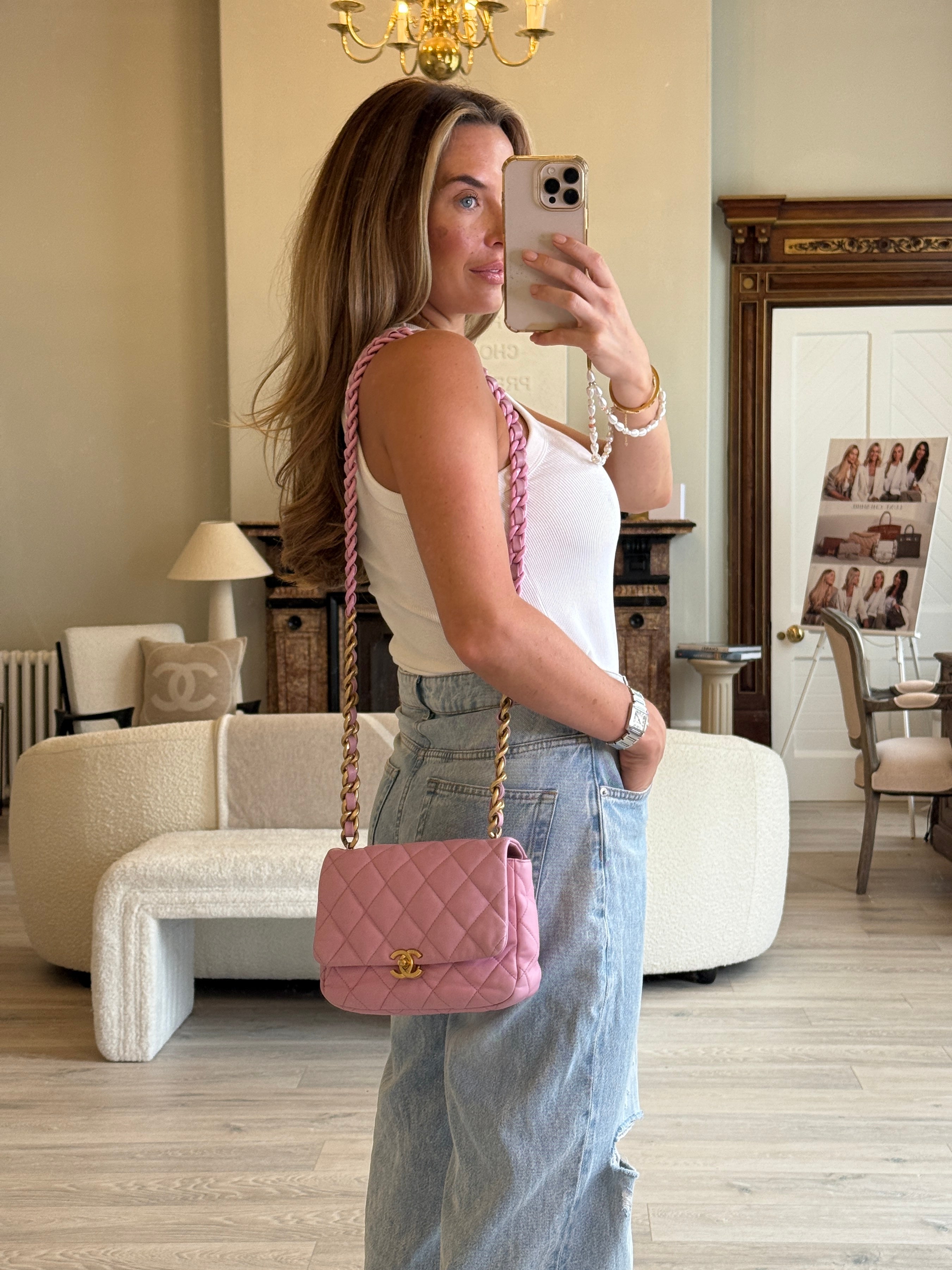 Chanel Pink Lacquered Flap Bag With Gold Hardware
Pre Loved & Authentic