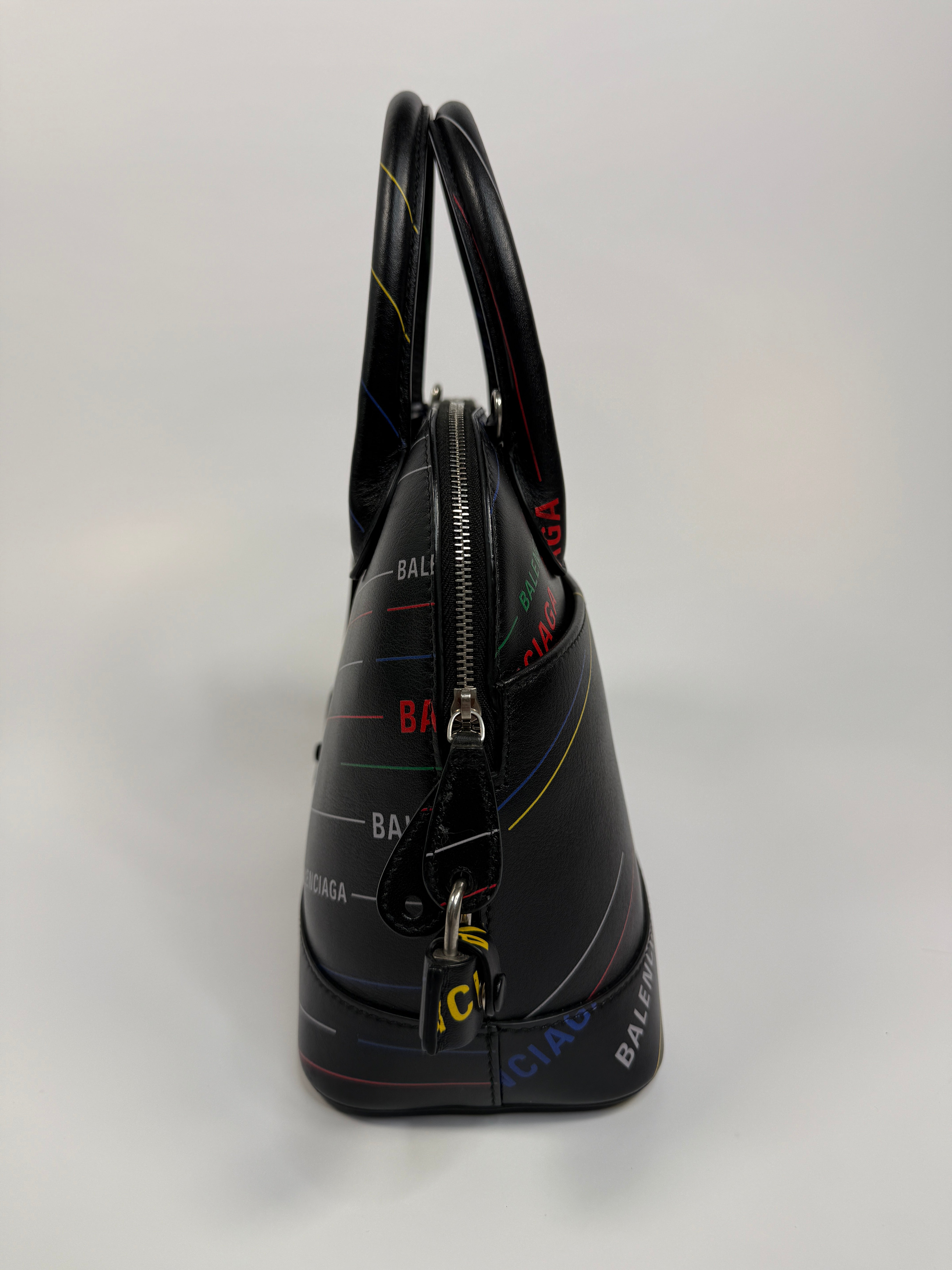 Balenciaga Ville Top Handle Bag In Black with Coloured Logo Writing. Authentic and preloved in excellent condition