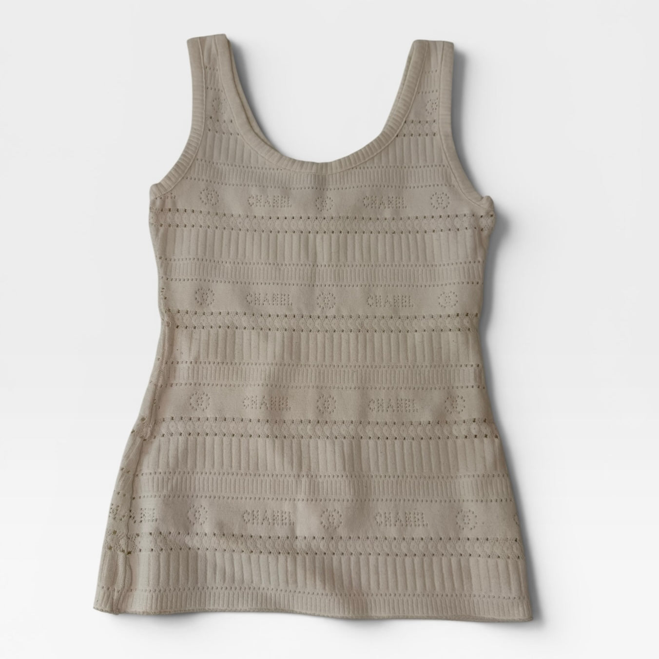 Chanel Vintage Logo Pointelle Knit Sleeveless Tank Top In White Cotton (Size 34/UK8)