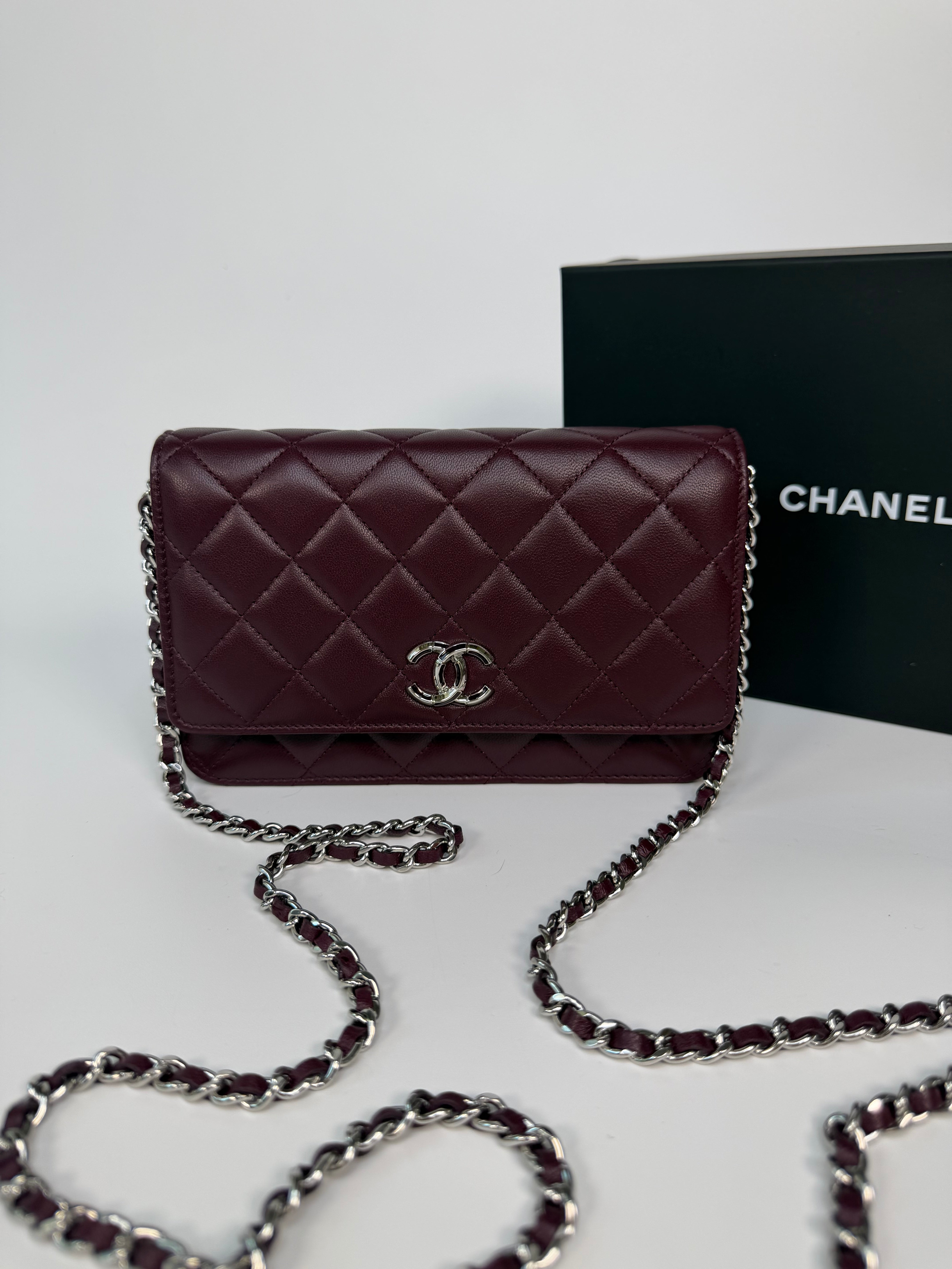 Chanel Wallet On Chain In Burgundy Lambskin With Silver Hardware. Authentic and preloved in excellent condition. 100% Guarantee